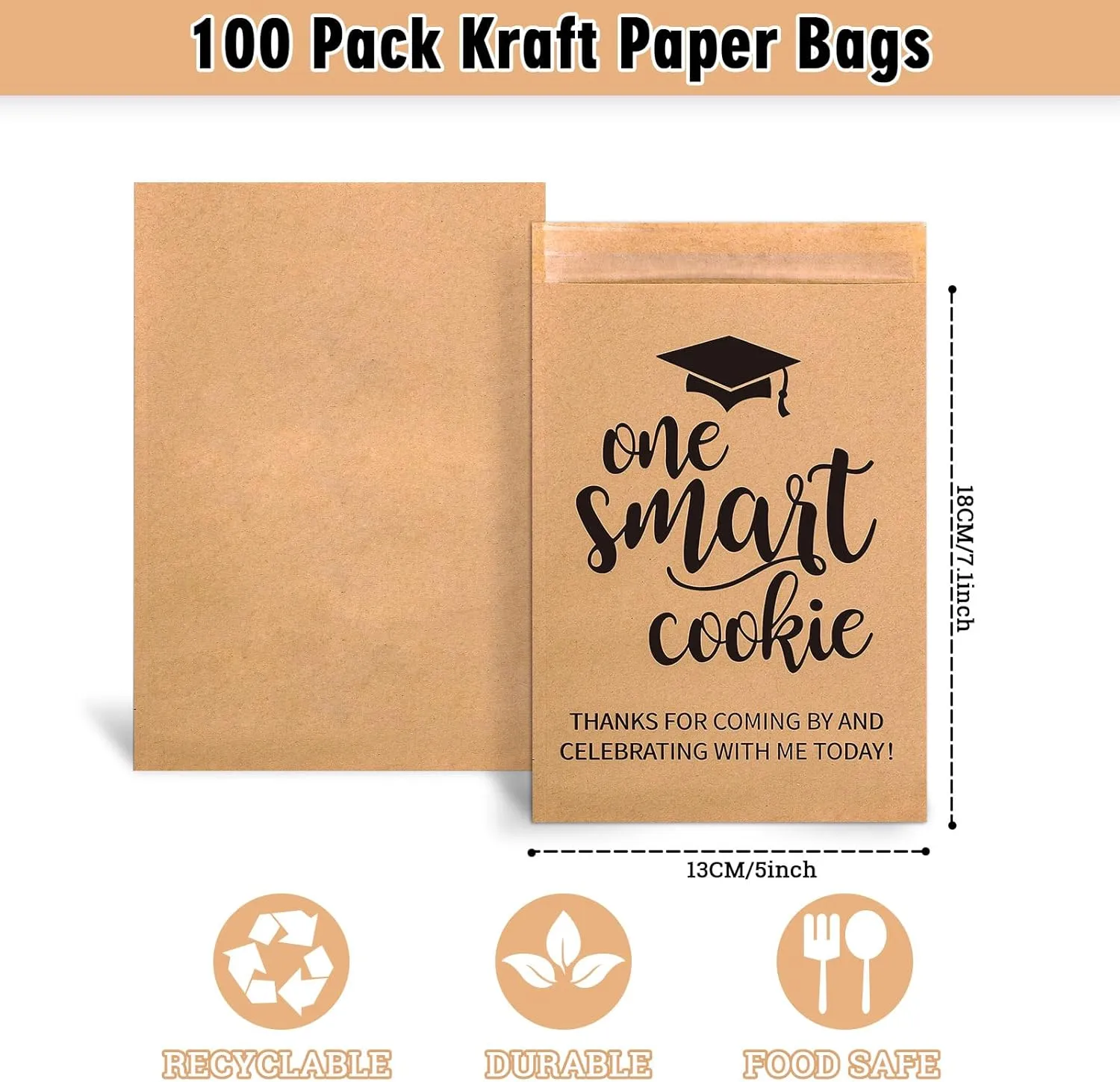 Whaline 100 Pack 2025 Graduation Candy Cookie Gift Bags One Smart Cookie Self-Adhesive Buffet Treat Bag Congrats Grad Kraft Paper Treat Gift Bags for Graduation Party Decoration Supplies