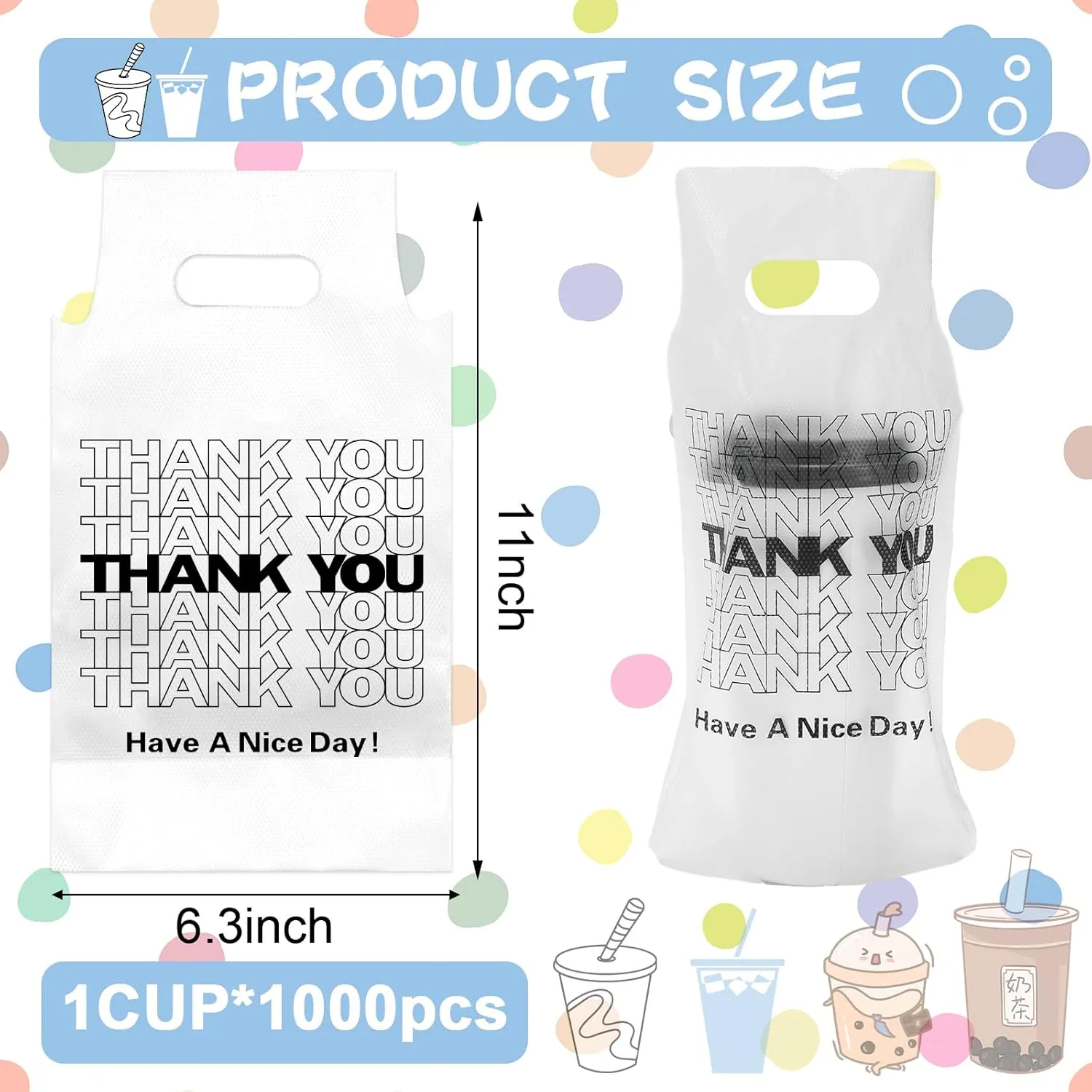 Whaline 1000 Count Thank You Handle Drinking Bags 1 Cup Plastic Packaging Poly Bag Carriers for Delivery Take Out Cup Holder Beverage Coffee Juice Mike Tea Stores, 11 x 6.3 Inch
