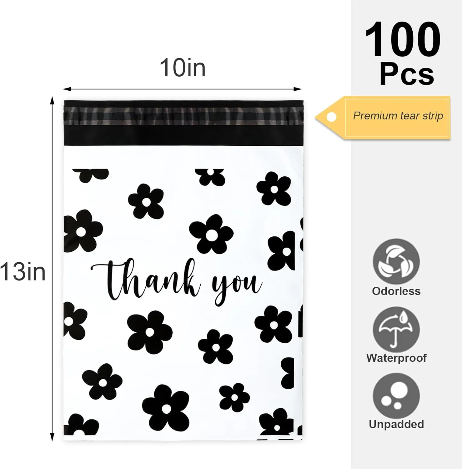 Whaline 100Pcs Thank You Poly Mailer 10 x 13 Inch Flower Tear-Resistant Mailing Bags with Self-Seal White Black Deliver Envelopes Waterproof Plastic Packaging Bags for Small Business Packing Moving