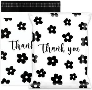 Whaline 100Pcs Thank You Poly Mailer 10 x 13 Inch Flower Tear-Resistant Mailing Bags with Self-Seal White Black Deliver Envelopes Waterproof Plastic Packaging Bags for Small Business Packing Moving