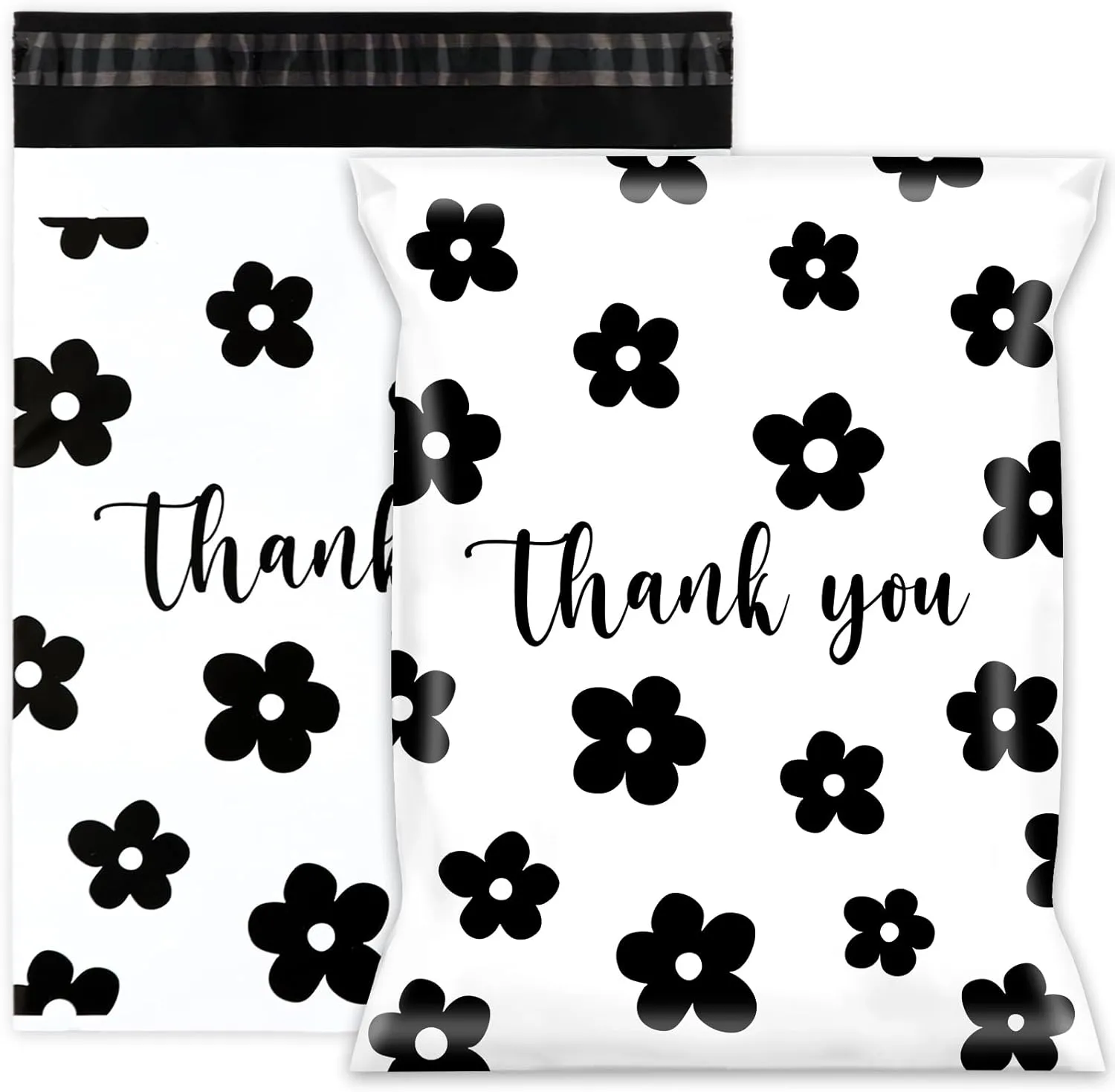 Whaline 100Pcs Thank You Poly Mailer 10 x 13 Inch Flower Tear-Resistant Mailing Bags with Self-Seal White Black Deliver Envelopes Waterproof Plastic Packaging Bags for Small Business Packing Moving