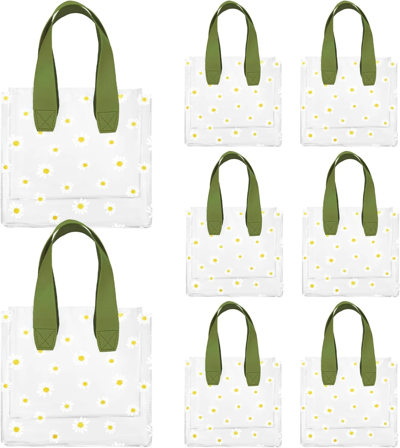 Whaline 12Pcs Daisy Clear PVC Gift Bags with Green Handle Cute Flower Reusable Transparent Treat Bags for Spring Mother's Day Wedding Birthday Bridesmaid Baby Shower Party Favor