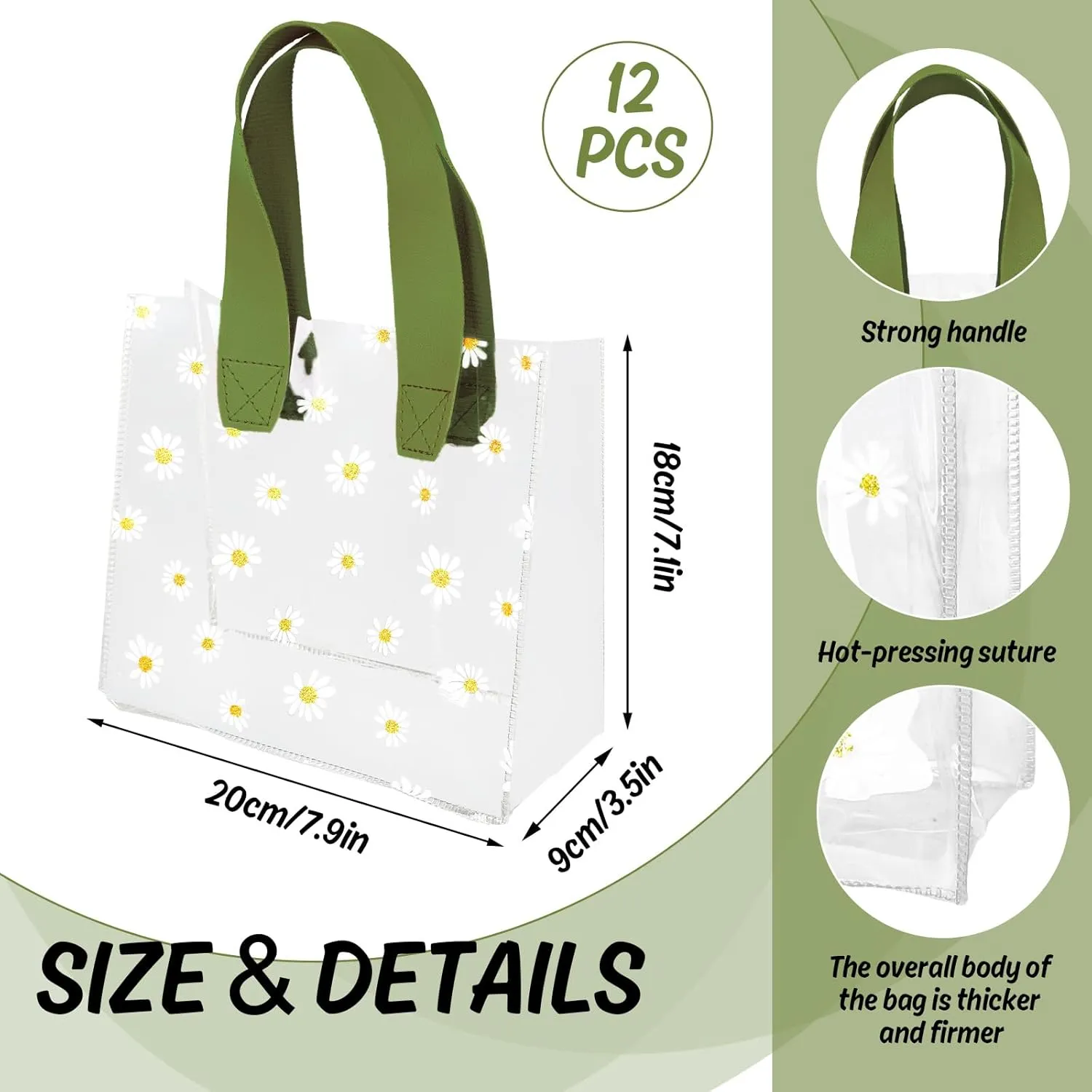 Whaline 12Pcs Daisy Clear PVC Gift Bags with Green Handle Cute Flower Reusable Transparent Treat Bags for Spring Mother's Day Wedding Birthday Bridesmaid Baby Shower Party Favor