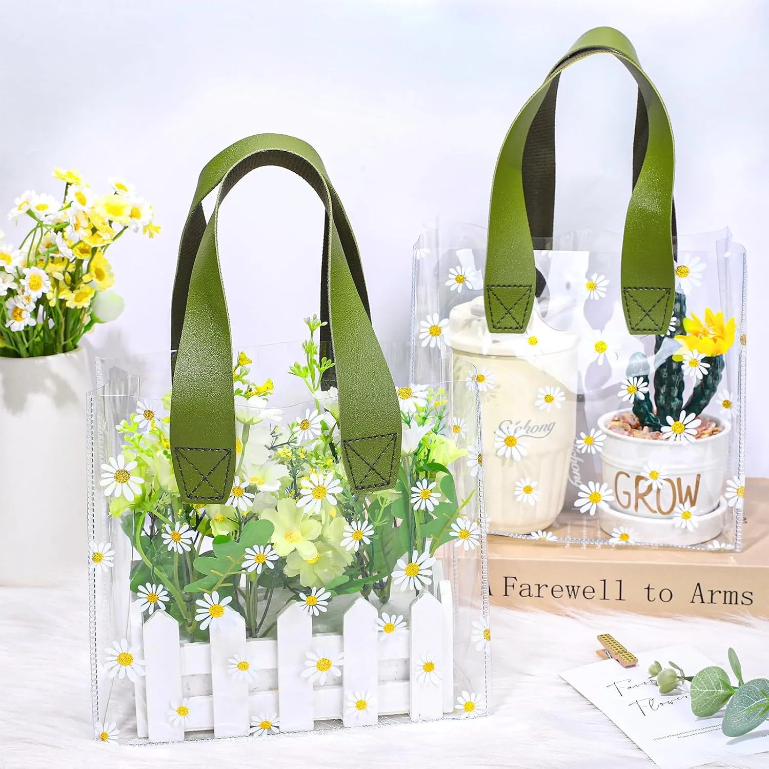 Whaline 12Pcs Daisy Clear PVC Gift Bags with Green Handle Cute Flower Reusable Transparent Treat Bags for Spring Mother's Day Wedding Birthday Bridesmaid Baby Shower Party Favor