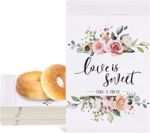 Whaline 150Pcs Wedding Favors Candy Buffet Bags Self-Adhesive Love Is Sweet Wedding Treat Bags Pink Floral Pattern Cookie Snack Bag White Kraft Paper Party Favor Bags for Gifts, 5.1 x 7.1 Inch
