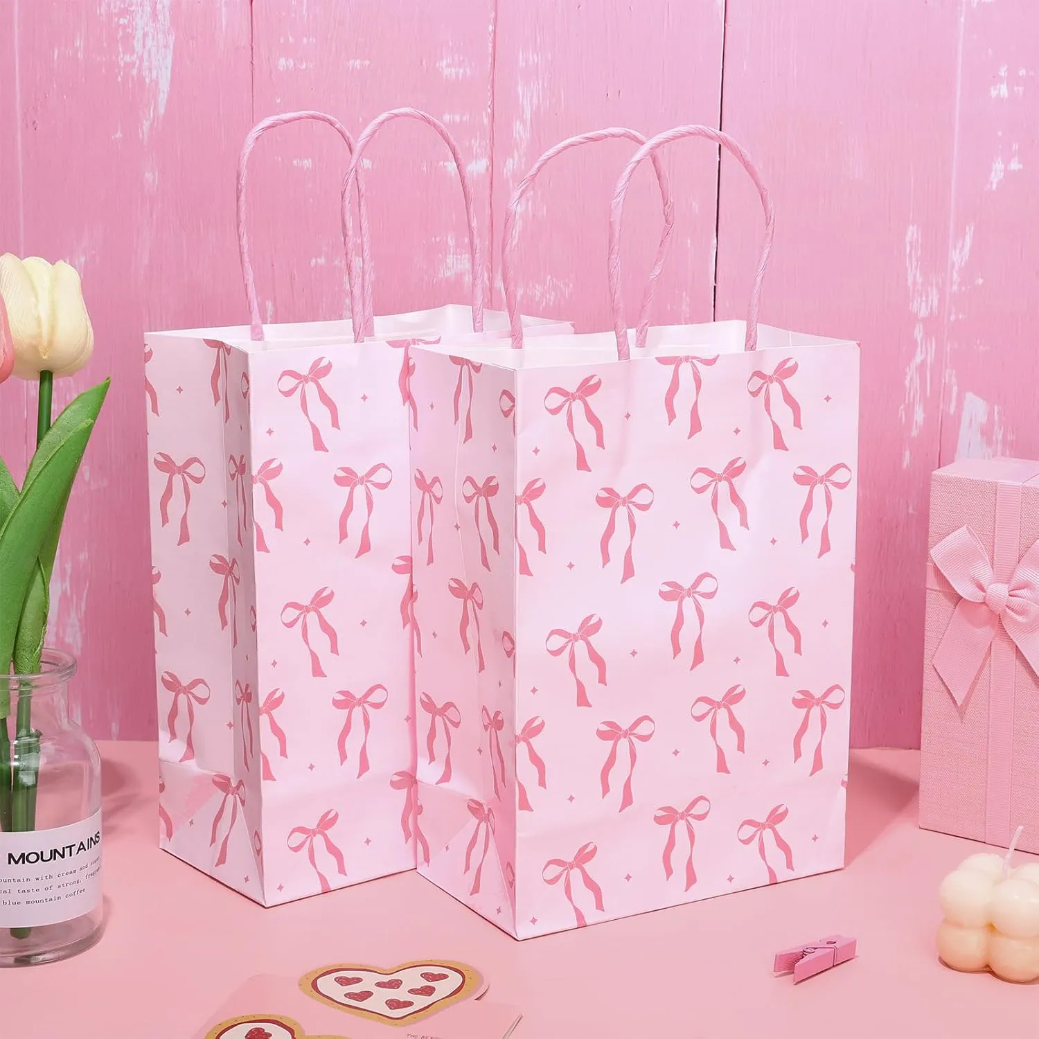 Whaline 24 Pcs Coquette Pink Bow Paper Gift Bags with Handle Cute Bow Knot Goodie Candy Treat Bag for Mother's Day Party Tea Baby Shower Wedding Birthday Party Favor Supplies, 5.9 x 8.3 x 3.1 In