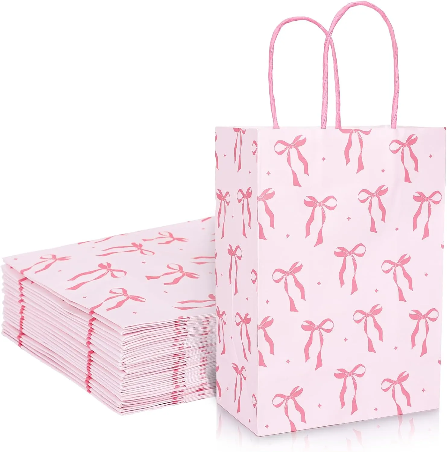 Whaline 24 Pcs Coquette Pink Bow Paper Gift Bags with Handle Cute Bow Knot Goodie Candy Treat Bag for Mother's Day Party Tea Baby Shower Wedding Birthday Party Favor Supplies, 5.9 x 8.3 x 3.1 In