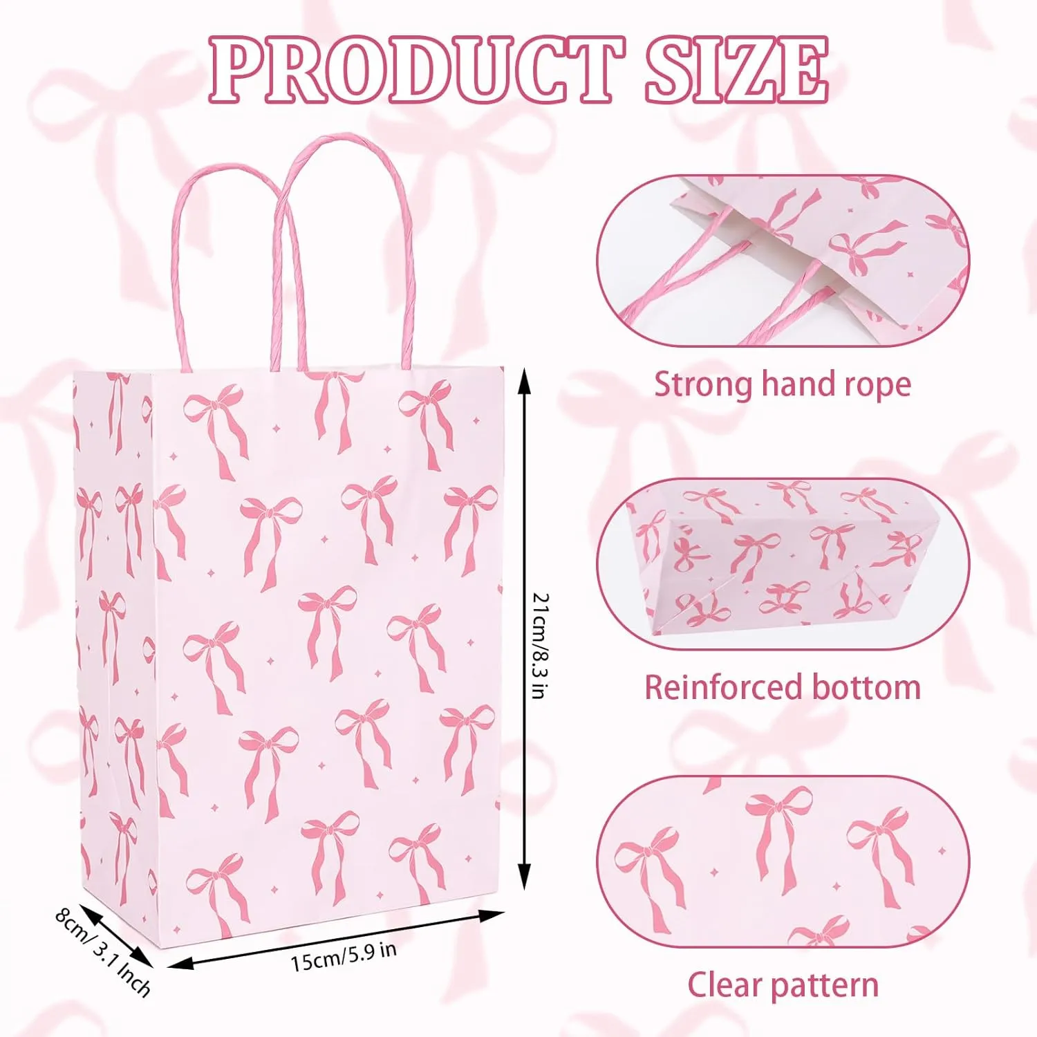 Whaline 24 Pcs Coquette Pink Bow Paper Gift Bags with Handle Cute Bow Knot Goodie Candy Treat Bag for Mother's Day Party Tea Baby Shower Wedding Birthday Party Favor Supplies, 5.9 x 8.3 x 3.1 In