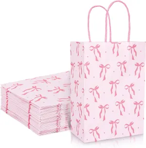 Whaline 24 Pcs Coquette Pink Bow Paper Gift Bags with Handle Cute Bow Knot Goodie Candy Treat Bag for Mother's Day Party Tea Baby Shower Wedding Birthday Party Favor Supplies, 5.9 x 8.3 x 3.1 In
