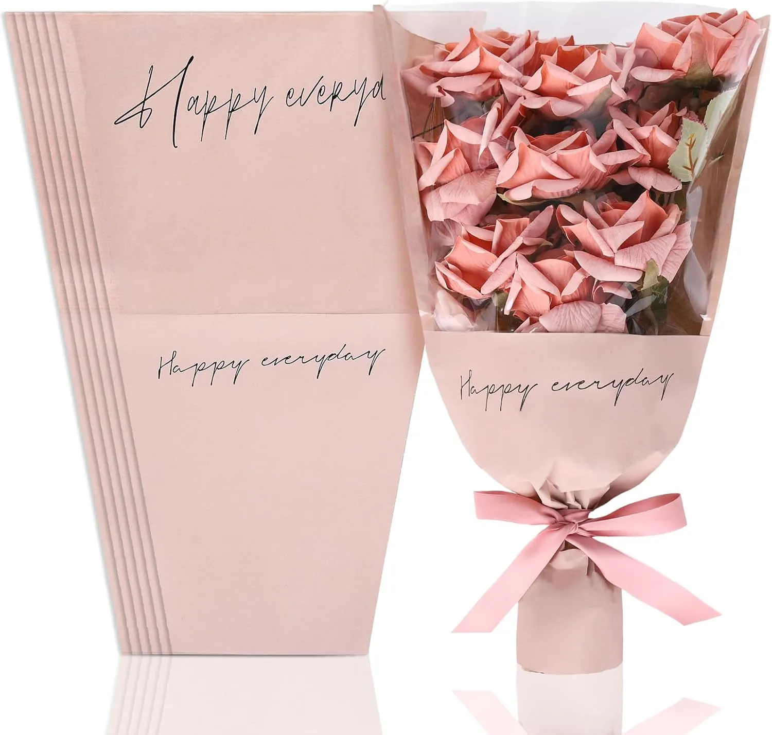 Whaline 60Pcs Flower Kraft Paper Wrapping Bags Pink Clear Floral Bouquet Sleeves Large Florist Packaging Decor Supplies for Mother's Day Valentine's Day Wedding Anniversary Birthday Party Supplies