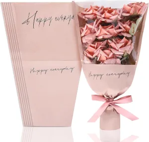 Whaline 60Pcs Flower Kraft Paper Wrapping Bags Pink Clear Floral Bouquet Sleeves Large Florist Packaging Decor Supplies for Mother's Day Valentine's Day Wedding Anniversary Birthday Party Supplies