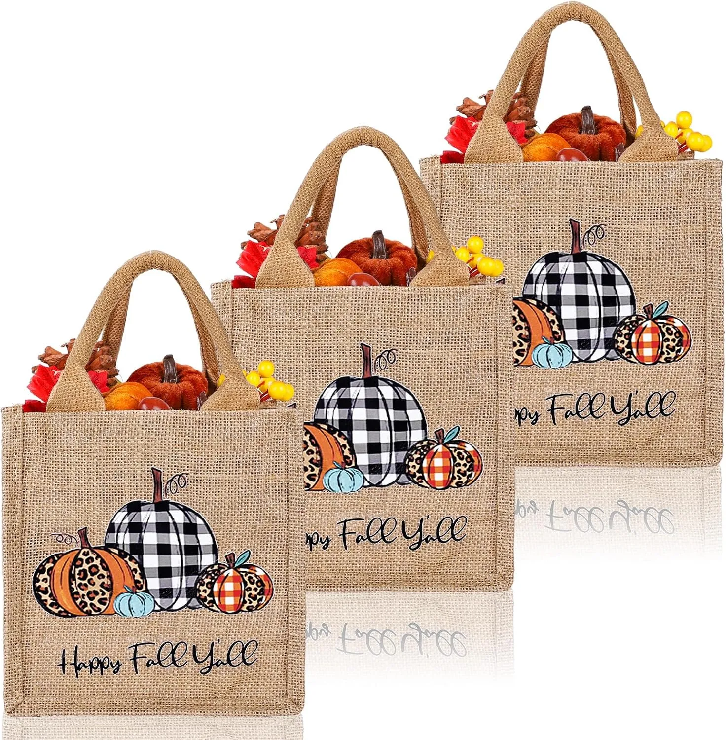 Whaline Thanksgiving Pumpkin Burlap Tote Bags with Handle Autumn Boho Plaid Jute Tote Bags 7.9 x 7.9 Inch Happy Fall Y'all Reusable Grocery Shopping Bags for Fall Harvest Wedding Party Supplies, 3Pcs