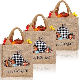 Whaline Thanksgiving Pumpkin Burlap Tote Bags with Handle Autumn Boho Plaid Jute Tote Bags 7.9 x 7.9 Inch Happy Fall Y'all Reusable Grocery Shopping Bags for Fall Harvest Wedding Party Supplies, 3Pcs