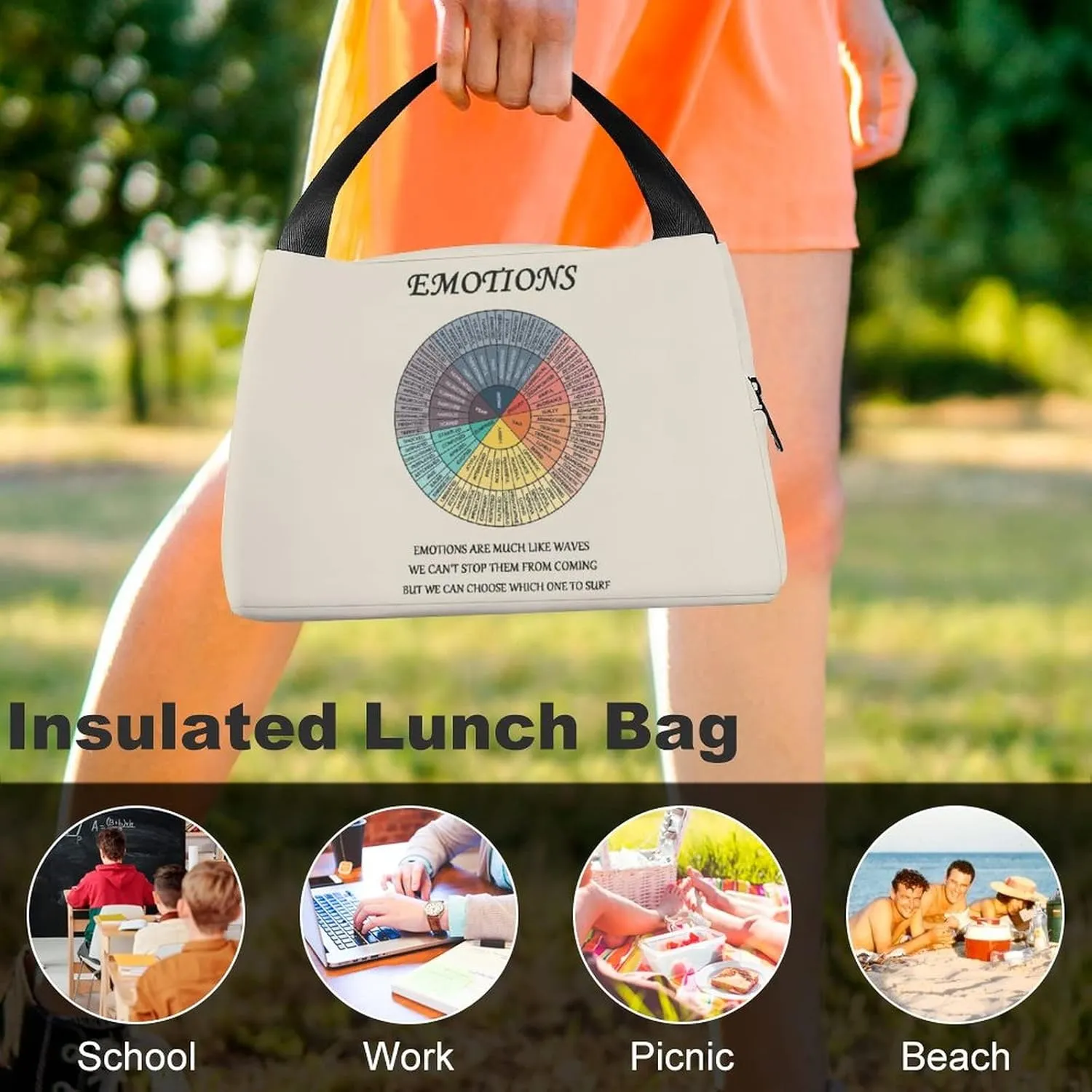 Wheel Of Emotions Feelings Chart Lunch Bag Women Men Kids Reusable Insulated Leakproof Tote Bag Cooler Lunch Box Bags For Therapy Office Work School Picnic Counselor Physical Therapist Gifts
