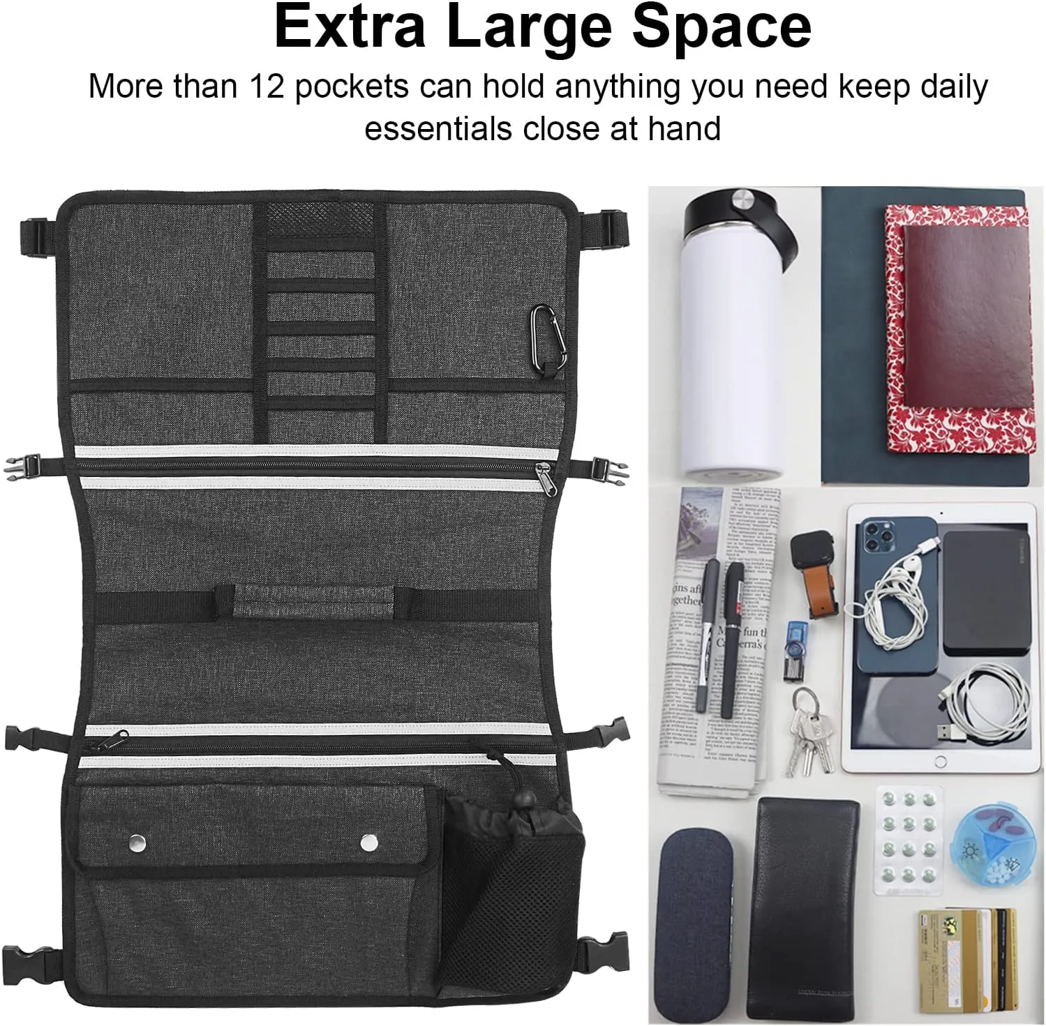 Wheelchair Storage Bag, Double-Sided Armrest Pouch with Cup Holder and Reflective Strip, for Wheelchairs and Walkers (Black)