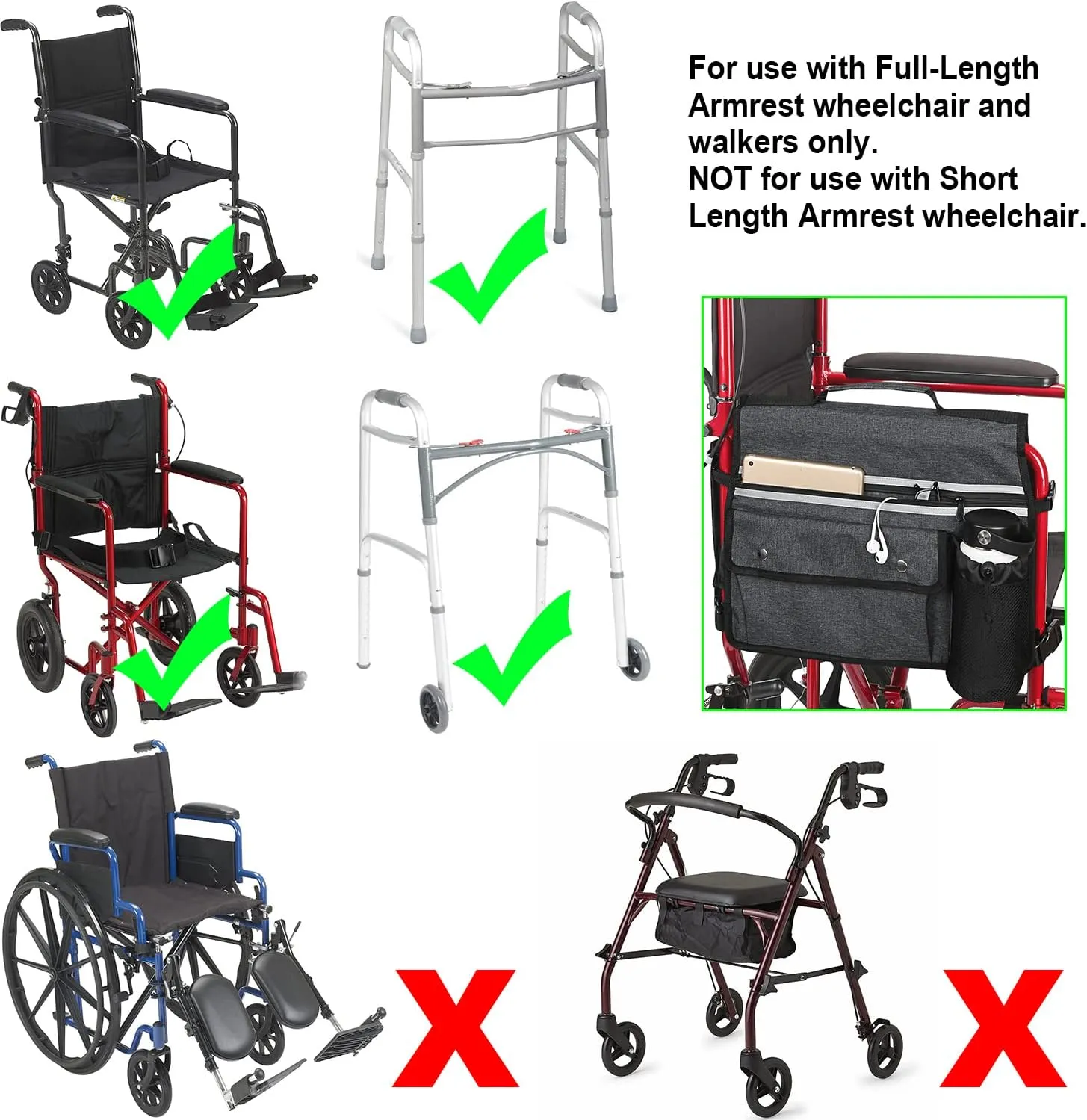 Wheelchair Storage Bag, Double-Sided Armrest Pouch with Cup Holder and Reflective Strip, for Wheelchairs and Walkers (Black)