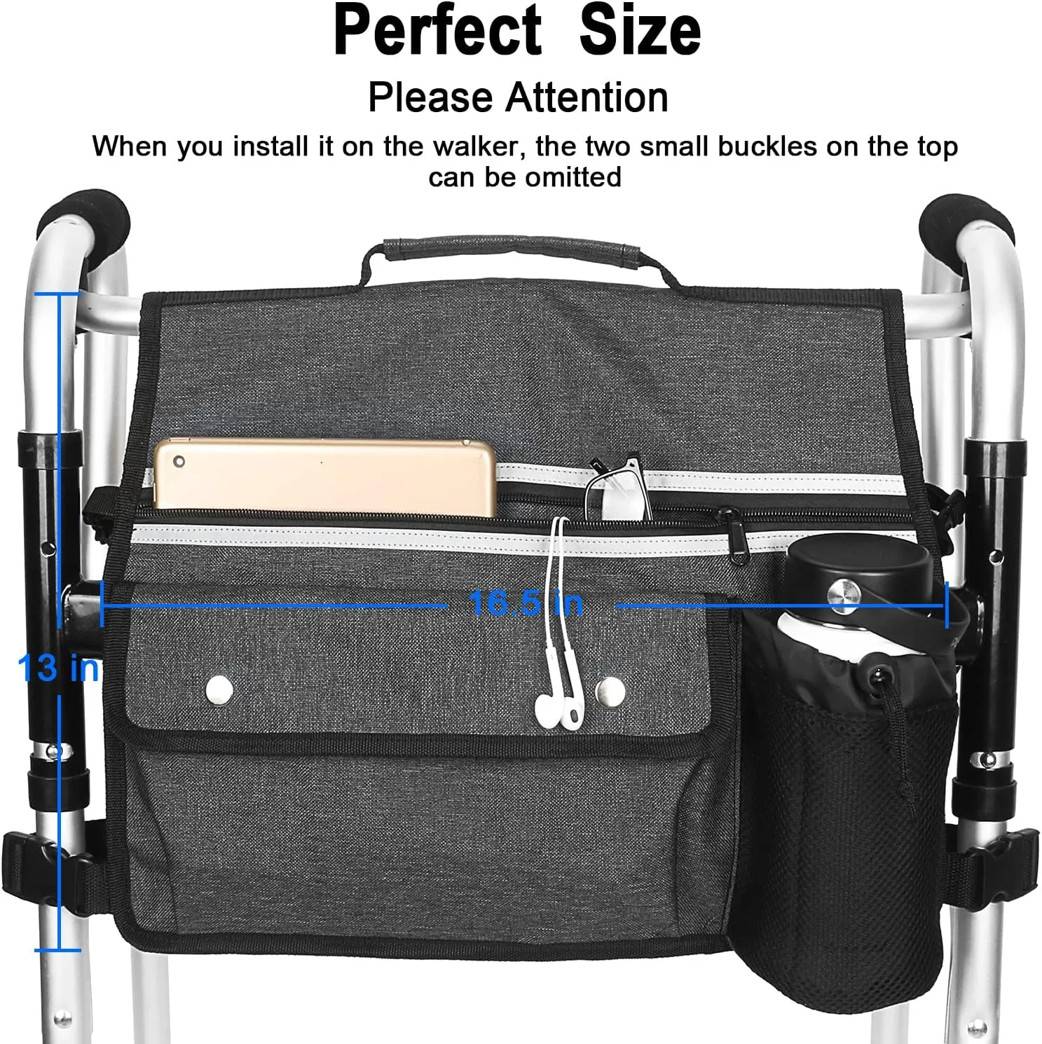 Wheelchair Storage Bag, Double-Sided Armrest Pouch with Cup Holder and Reflective Strip, for Wheelchairs and Walkers (Black)