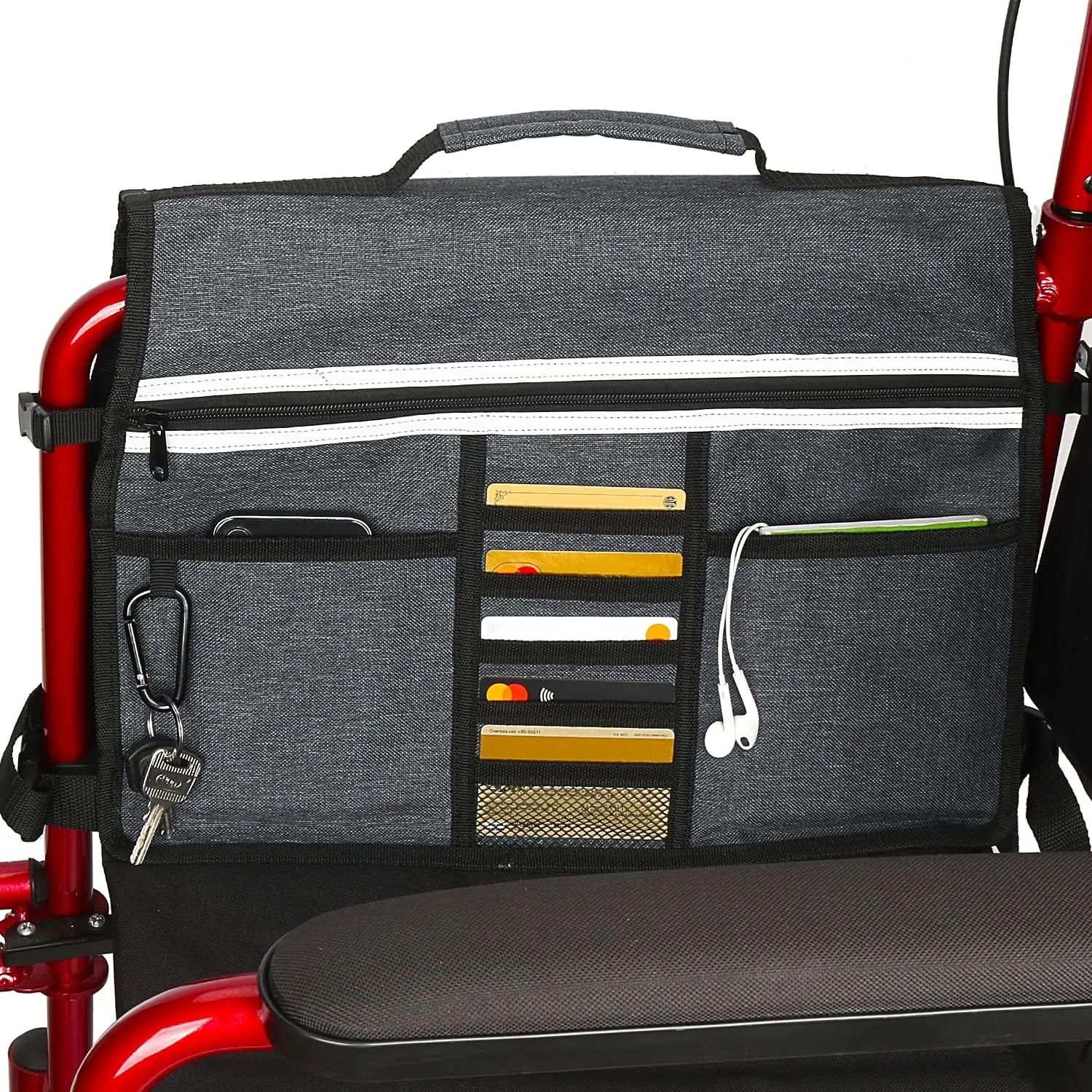 Wheelchair Storage Bag, Double-Sided Armrest Pouch with Cup Holder and Reflective Strip, for Wheelchairs and Walkers (Black)