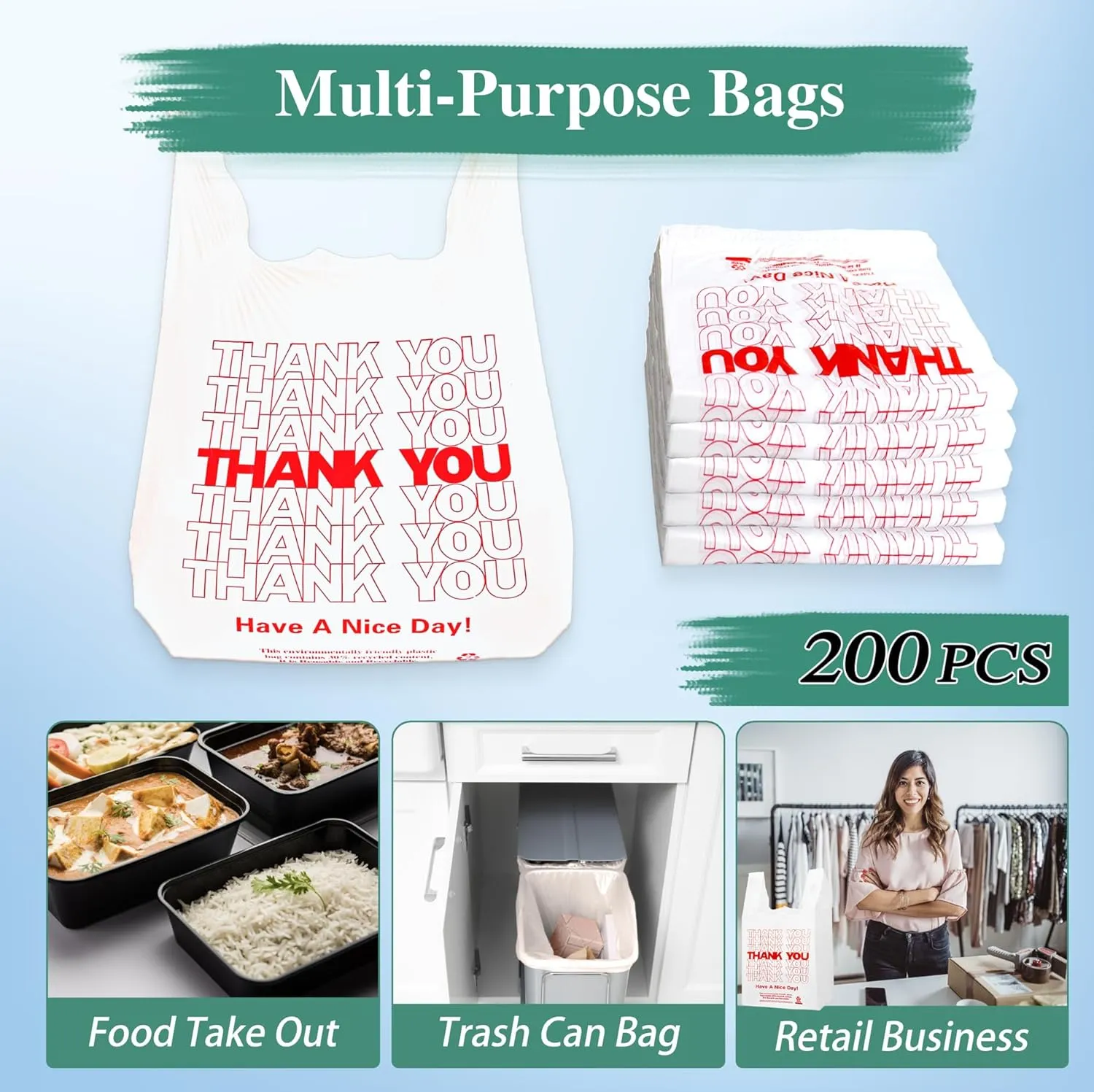 White Thank you T shirt bag, Grocery shopping bag Reusable and Disposable Supermarket Bag 11''x6''x21'' 200PCS