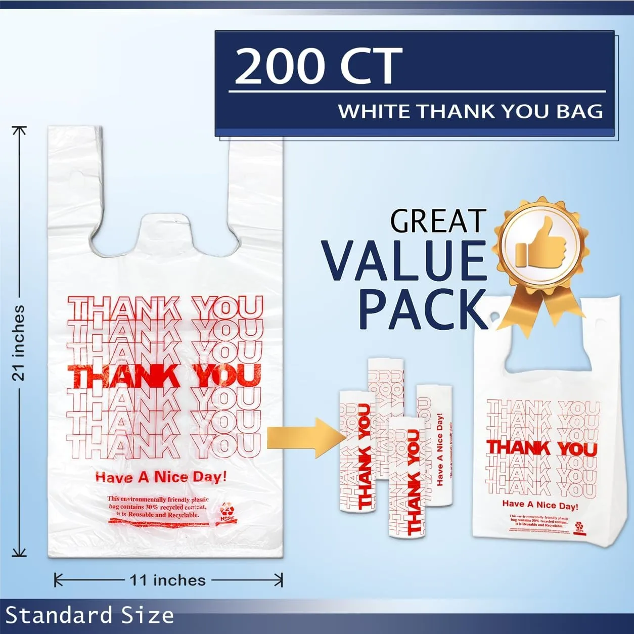 White Thank you T shirt bag, Grocery shopping bag Reusable and Disposable Supermarket Bag 11''x6''x21'' 200PCS