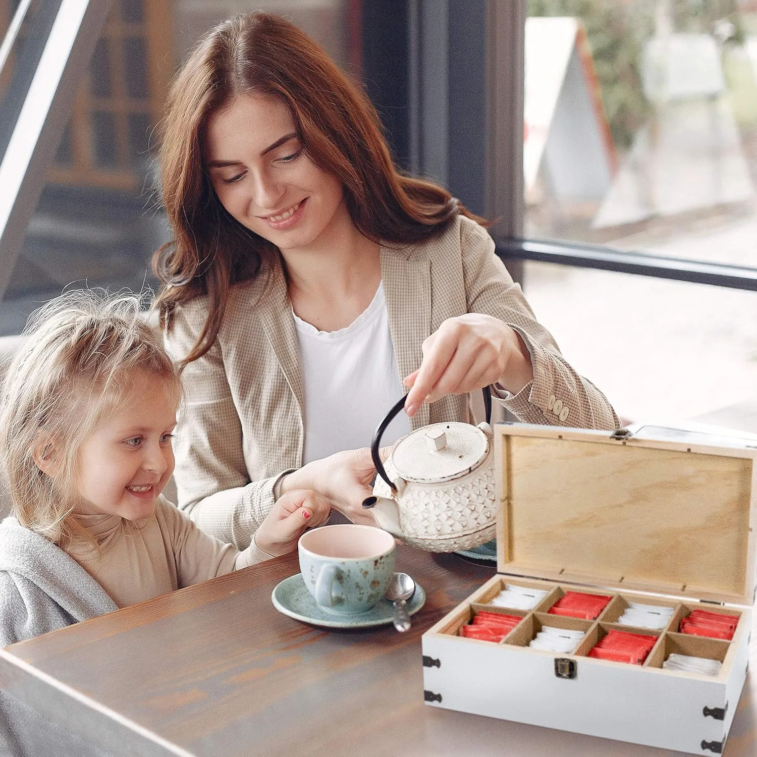White Wooden Tea Box Storage Chest Box Big Pine Wood Kitchen Organizer Large, Tall, Adjustable