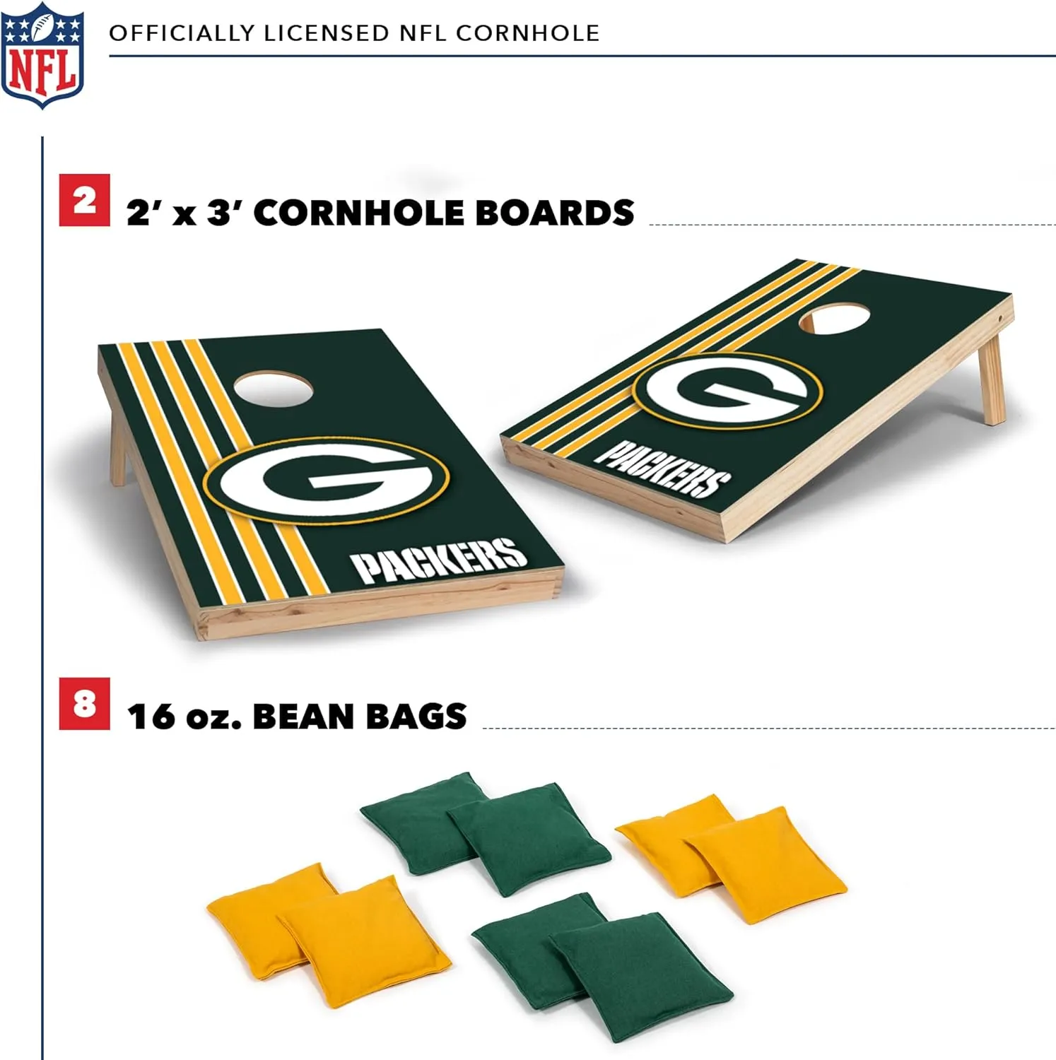 Wild Sports NFL 2' x 3' Solid Wood Cornhole Set with Direct Print HD Team Graphics – Great Gift for Any Football Fan! Bean Bag Toss Family Outdoor Games