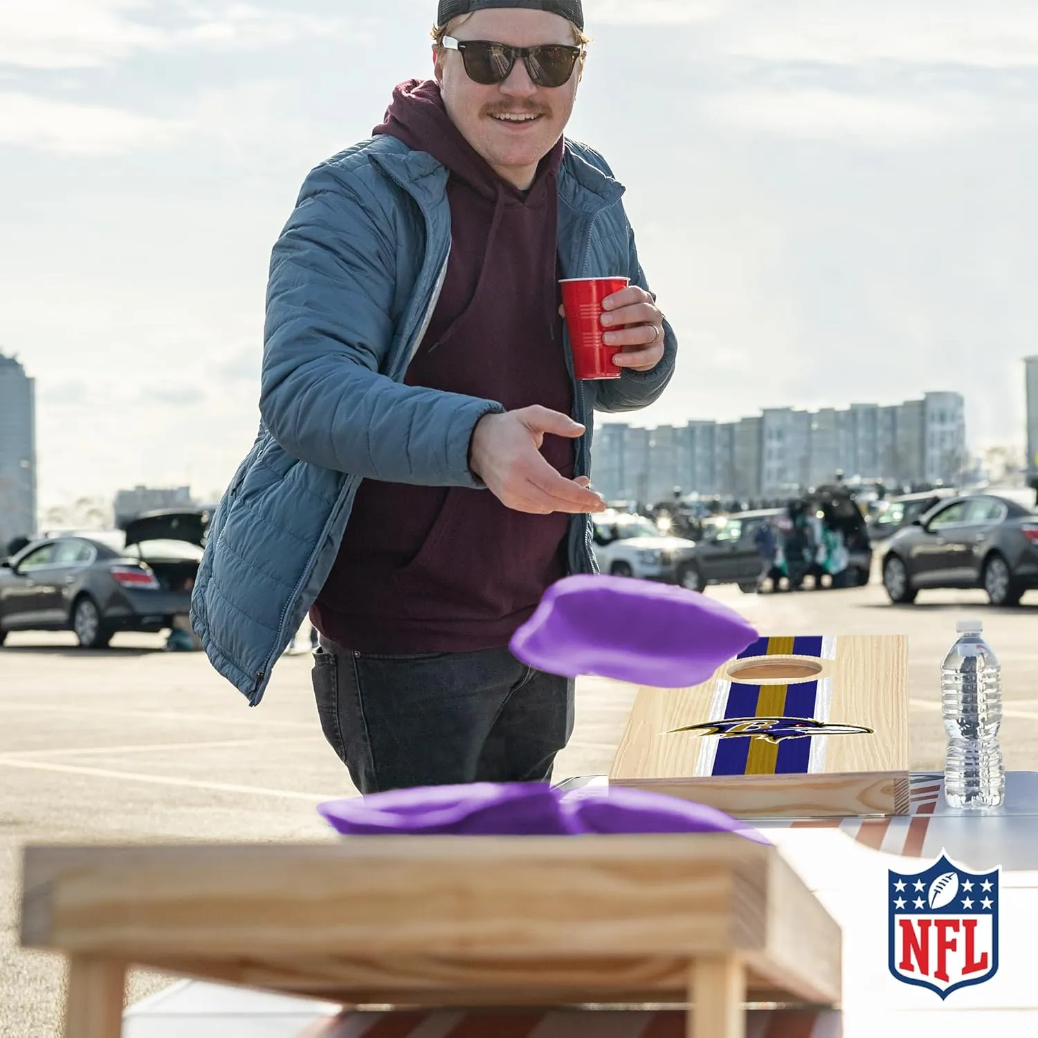 Wild Sports NFL Football Portable Size 1' x 2' Solid Wood Cornhole Set with Direct Print HD Team Graphics – Travel Size