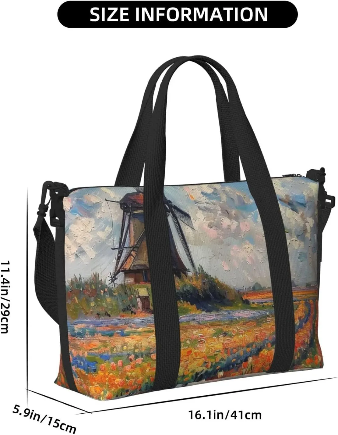 windmill tulip print Travel Duffel Bag, Sports Tote Gym Bag, Swim Pool Bag Large Shoulder Tote Bag for Beach Weekender