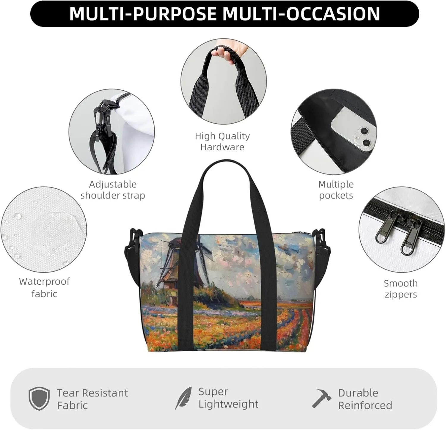 windmill tulip print Travel Duffel Bag, Sports Tote Gym Bag, Swim Pool Bag Large Shoulder Tote Bag for Beach Weekender
