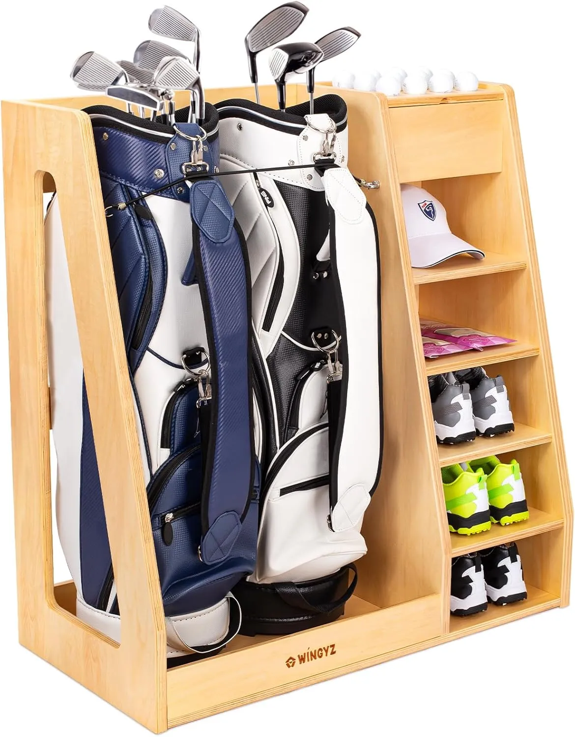 WINGYZ Golf Bag Organizer for Garage, Premium Wooden Golf Clubs Storage Rack Fit 2 Golf Bags, Golf Trunk Organizer for Car Garage Club Shed Basement