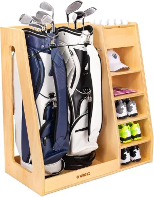 WINGYZ Golf Bag Organizer for Garage, Premium Wooden Golf Clubs Storage Rack Fit 2 Golf Bags, Golf Trunk Organizer for Car Garage Club Shed Basement
