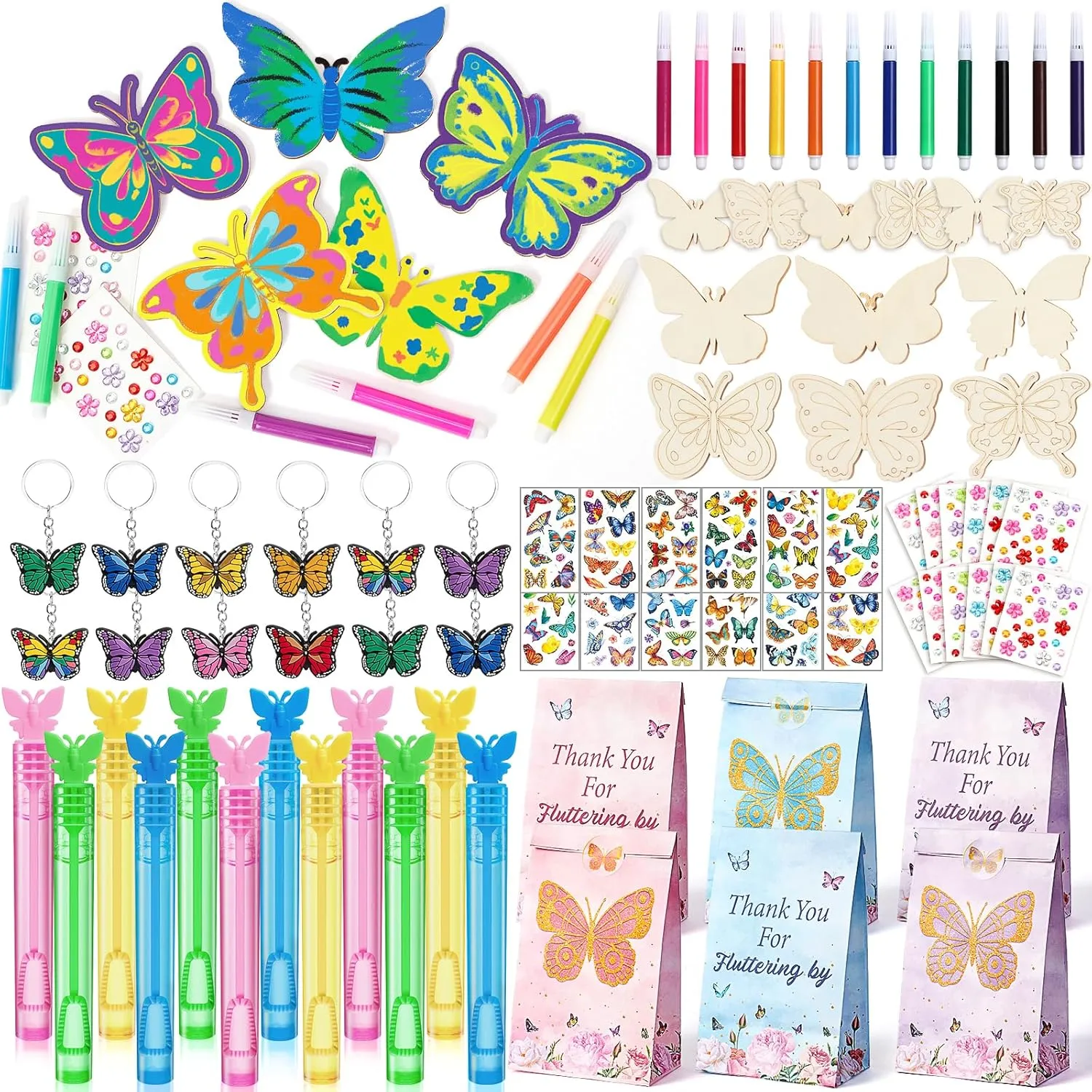 Winrayk Butterfly Party Favors Fairy Birthday Supplies for Girls, Craft Painting Kits Gift Bags Bubble Wands Keychain Sticker, Kids Goodie Bag Stuffers Butterfly Birthday Decorations Girl Party Favors