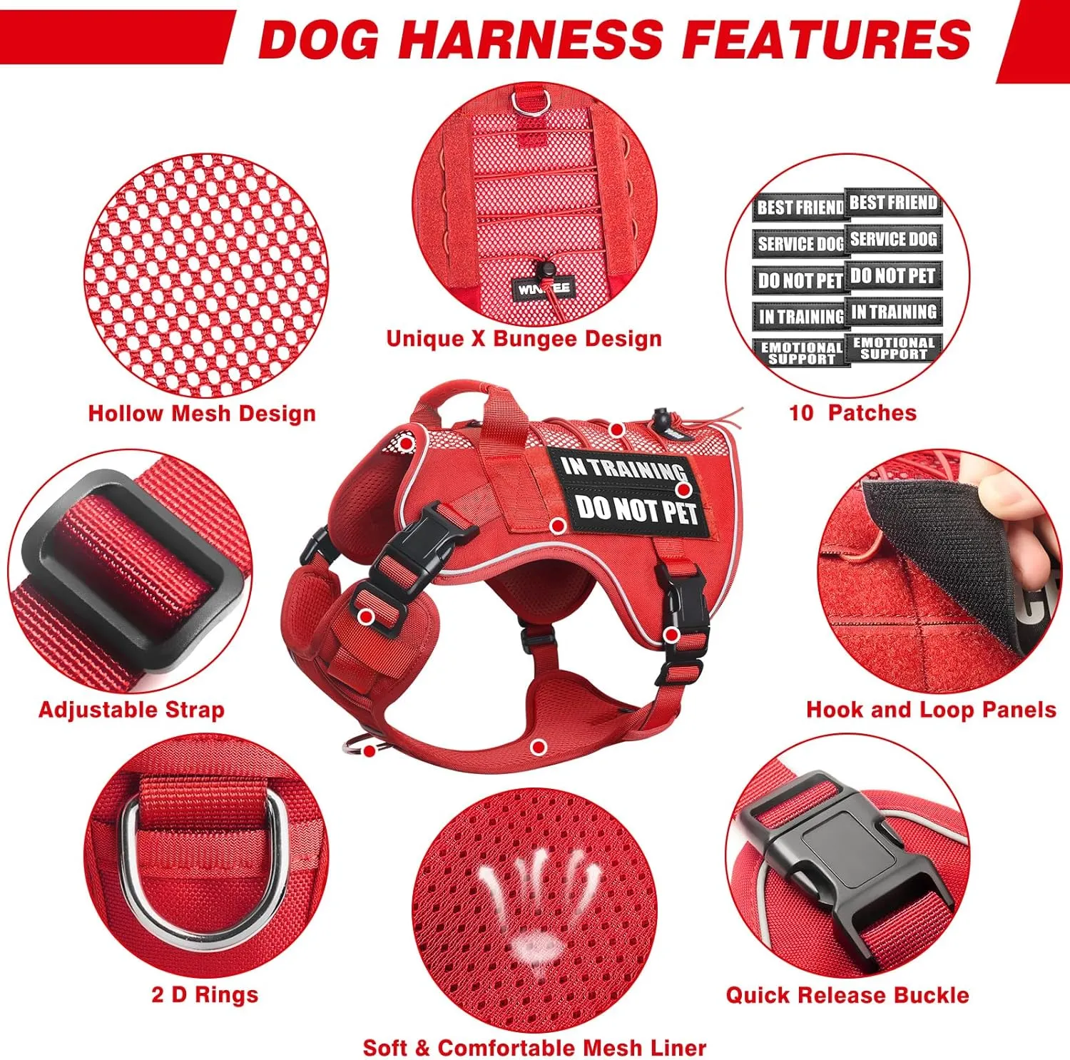 WINSEE Service Dog in Training Mesh Harness with 10 Pet Patches, Soft Air Mesh Breathable Tactical Dog Molle Vest, Reflective Military Pet Vest for Walking Hiking for Medium Dogs