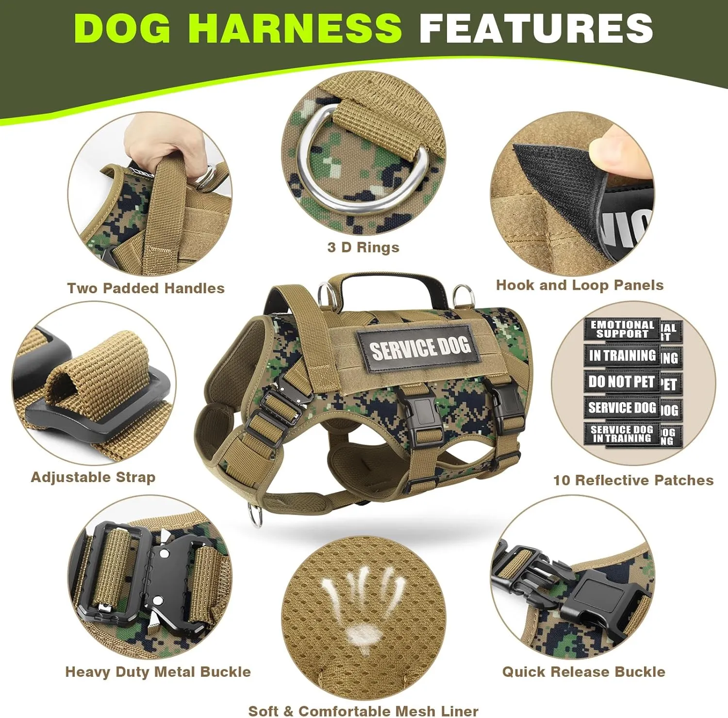 WINSEE Service Dog Vest Harness for Large Dog, Tactical Working MOLLE Vest with 10 Pet Patches, No Pull Heavy Duty Harness for Training Walking