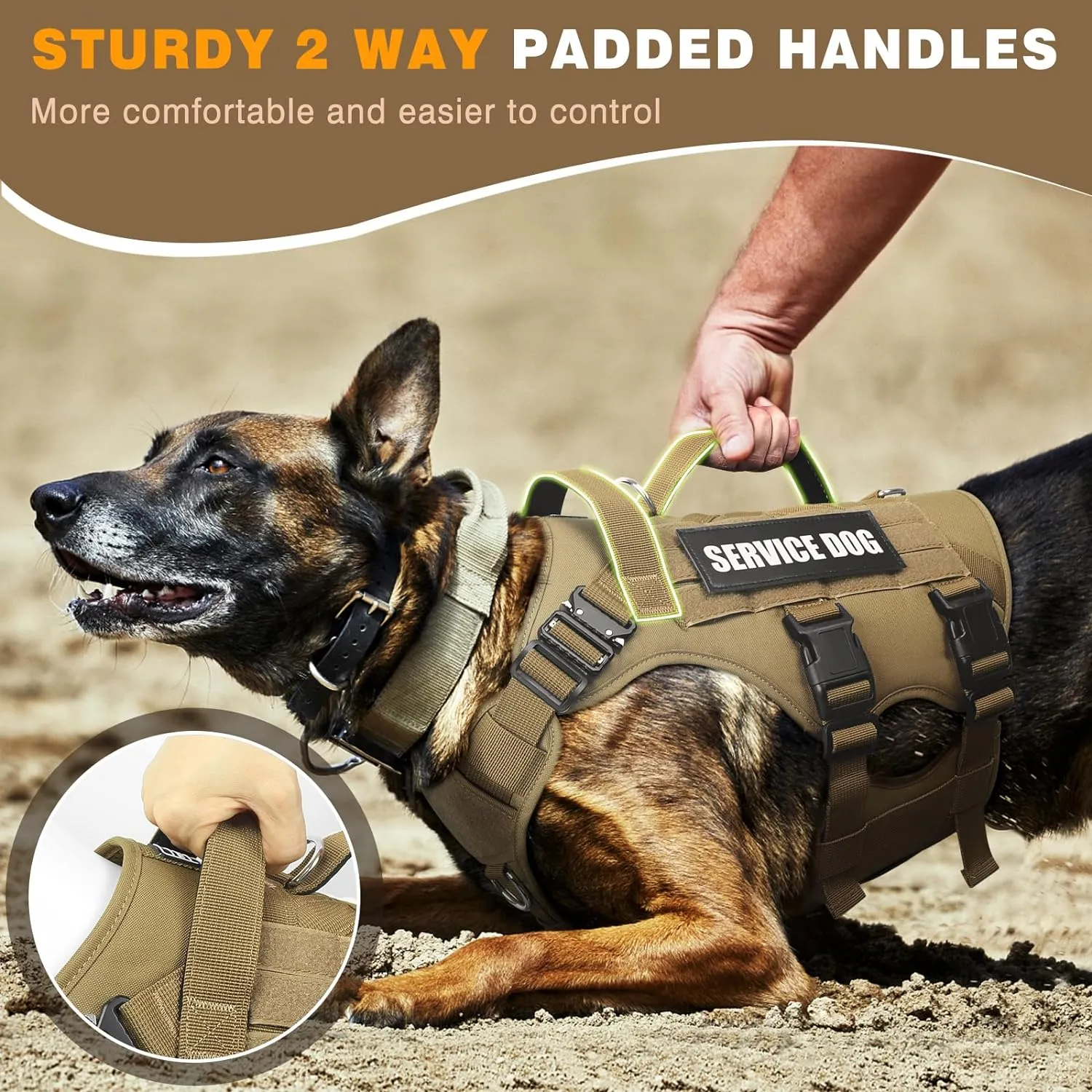 WINSEE Service Dog Vest Harness for Large Dog, Tactical Working MOLLE Vest with 10 Pet Patches, No Pull Heavy Duty Harness for Training Walking