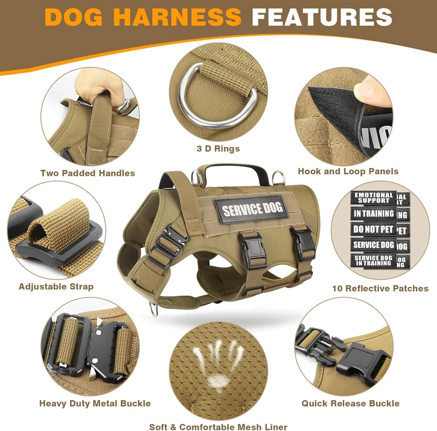 WINSEE Service Dog Vest Harness for Large Dog, Tactical Working MOLLE Vest with 10 Pet Patches, No Pull Heavy Duty Harness for Training Walking