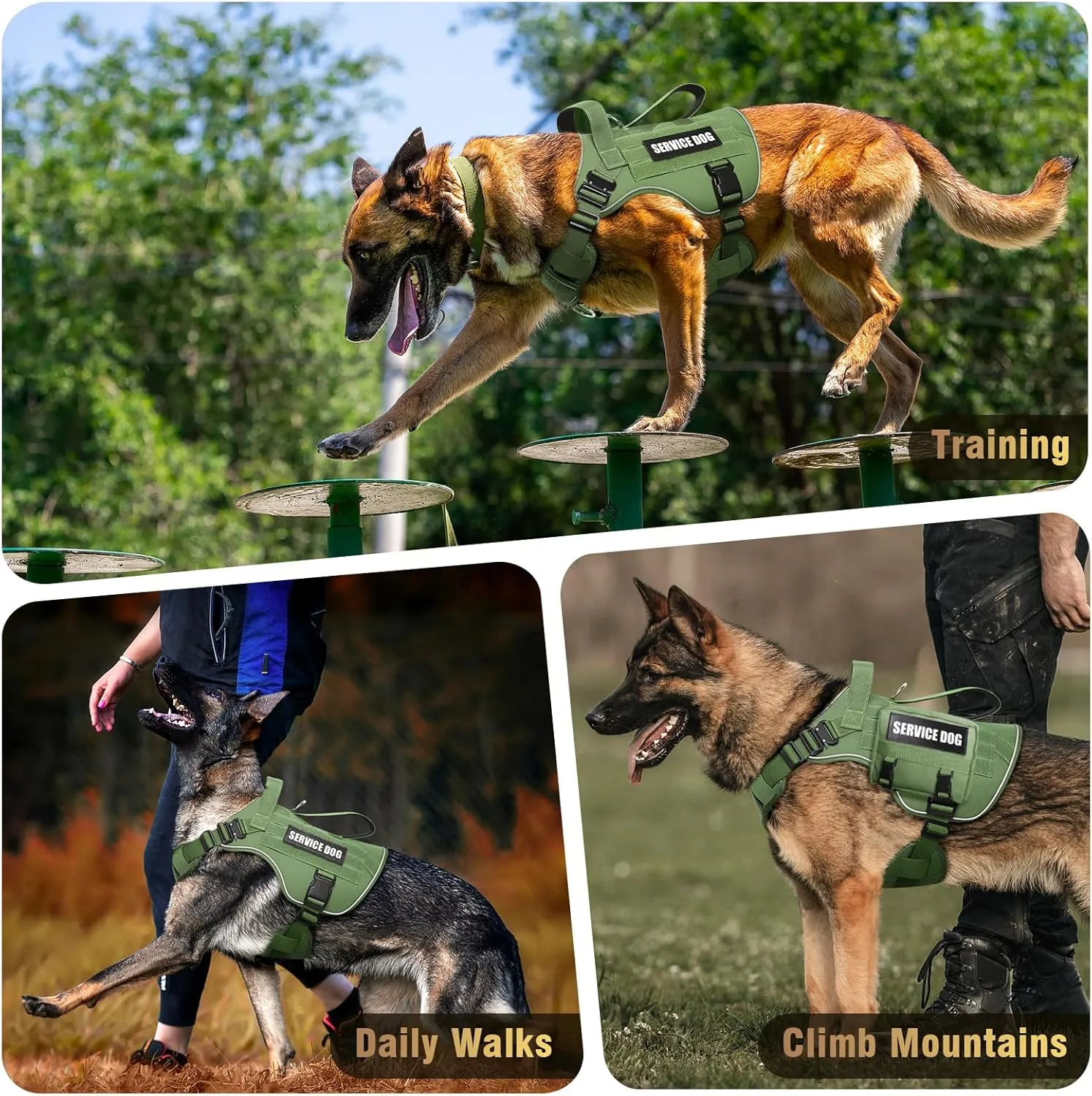 WINSEE Tactical Dog Harness for Large Dog, Heavy Duty Service Dog MOLLE Vest with 10 Pet Patches, No Pull Military Working Vest for Training Hunting Walking