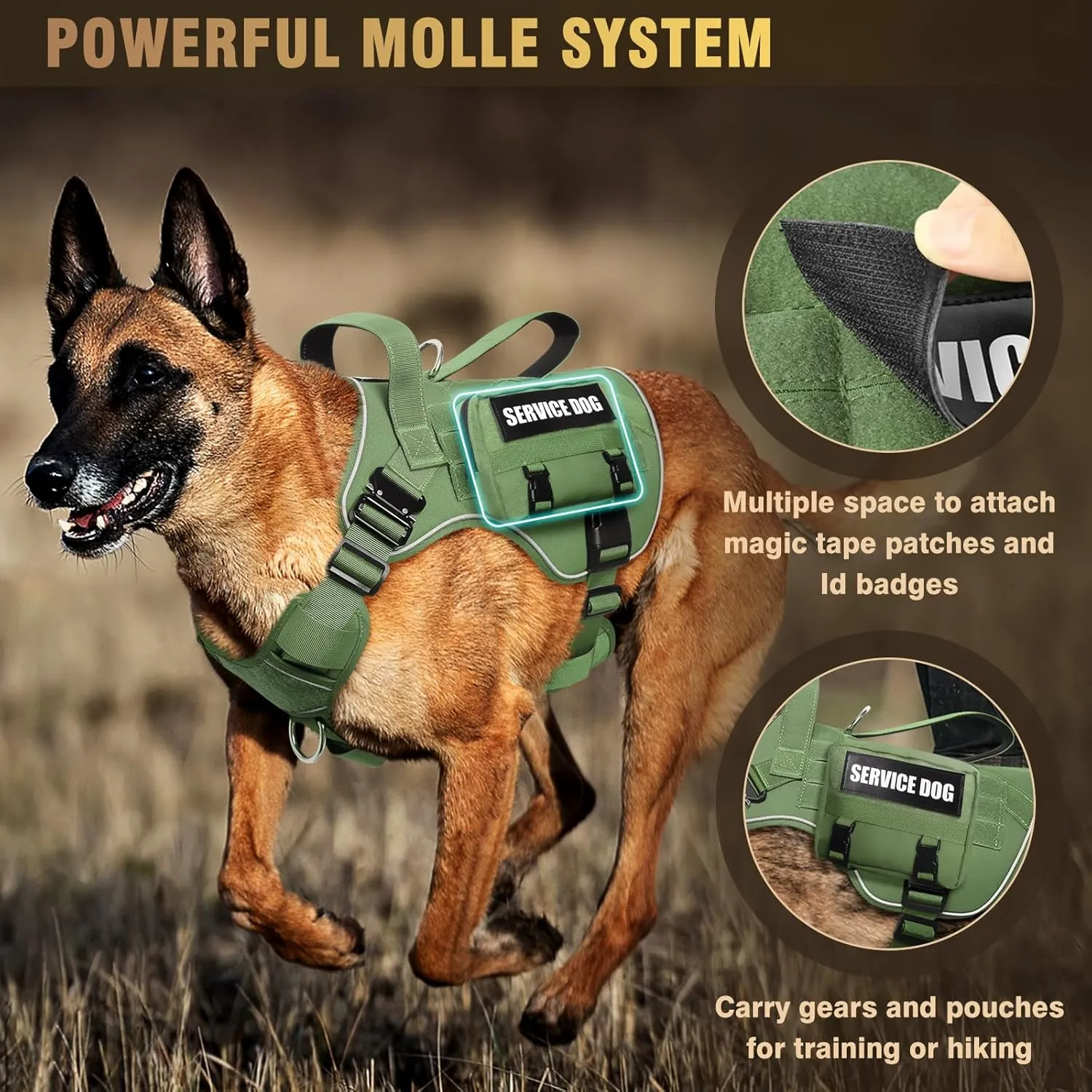WINSEE Tactical Dog Harness for Large Dog, Heavy Duty Service Dog MOLLE Vest with 10 Pet Patches, No Pull Military Working Vest for Training Hunting Walking