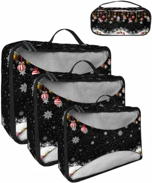 Winter Xmas Ornament Snowflake 4 Set Packing Cubes, Vintage Pastoral Black Packing Cubes for Carry on Suitcase Travel Essential Bag for Clothes Shoes Cosmetics Toiletry