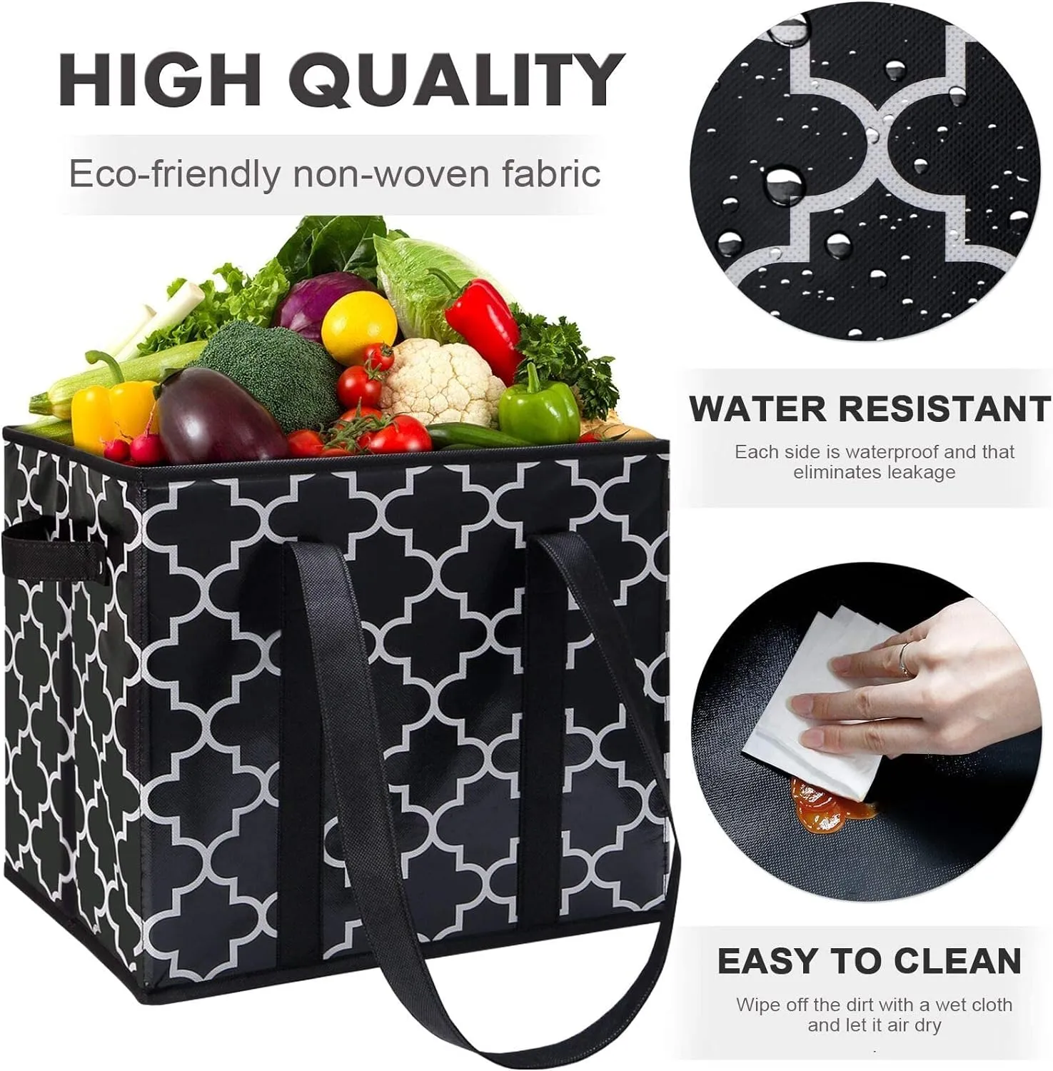 WISELIFE Reusable Grocery Bags 3-Pack Foldable Washable Large Storage Bins Basket Water Resistant Shopping Tote Bag Black