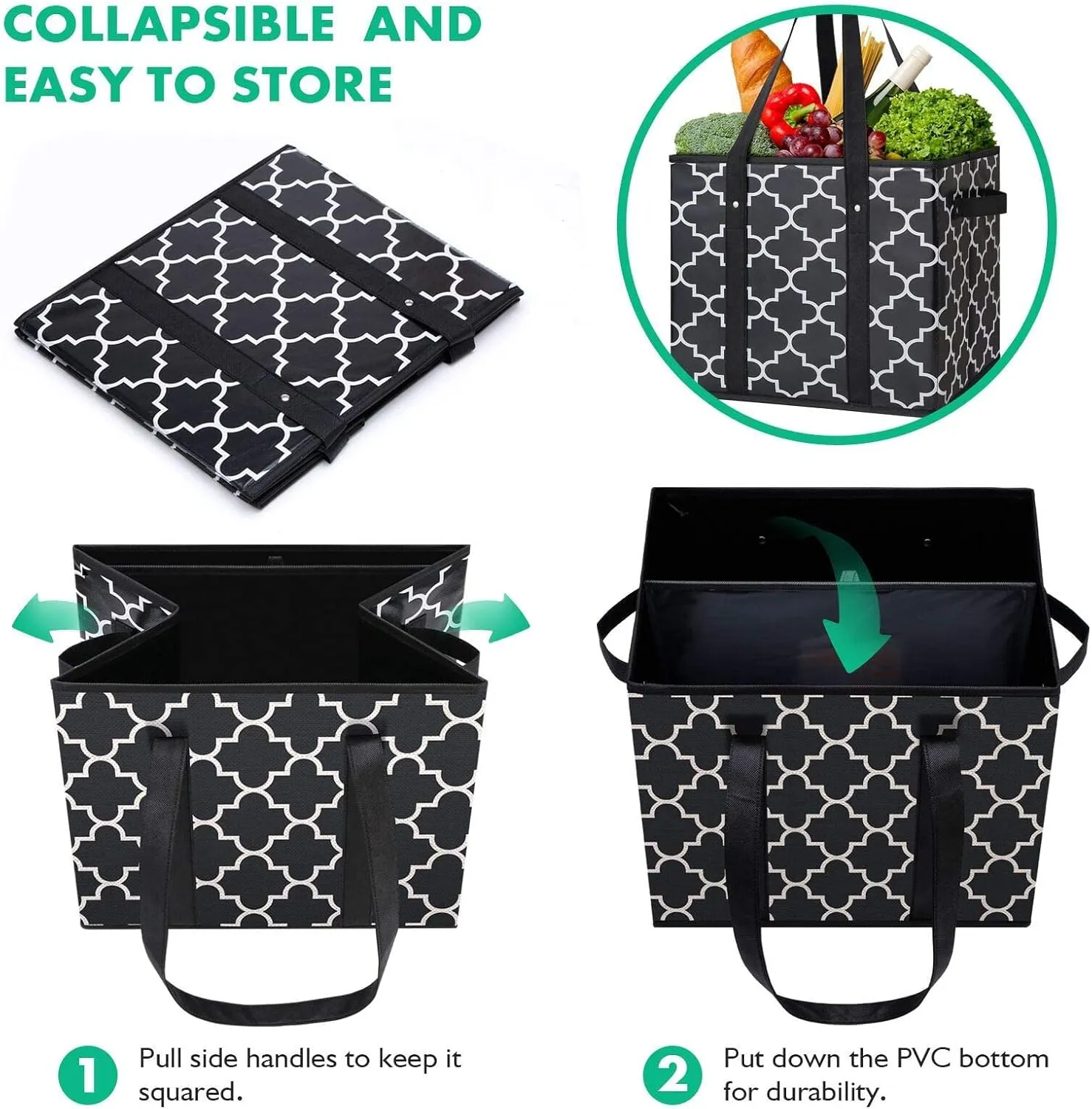 WISELIFE Reusable Grocery Bags 3-Pack Foldable Washable Large Storage Bins Basket Water Resistant Shopping Tote Bag Black