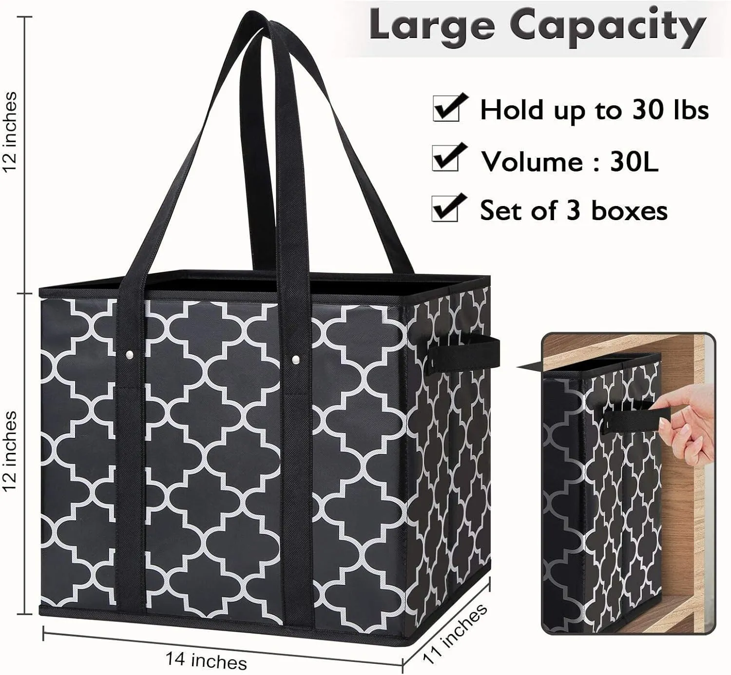 WISELIFE Reusable Grocery Bags 3-Pack Foldable Washable Large Storage Bins Basket Water Resistant Shopping Tote Bag Black
