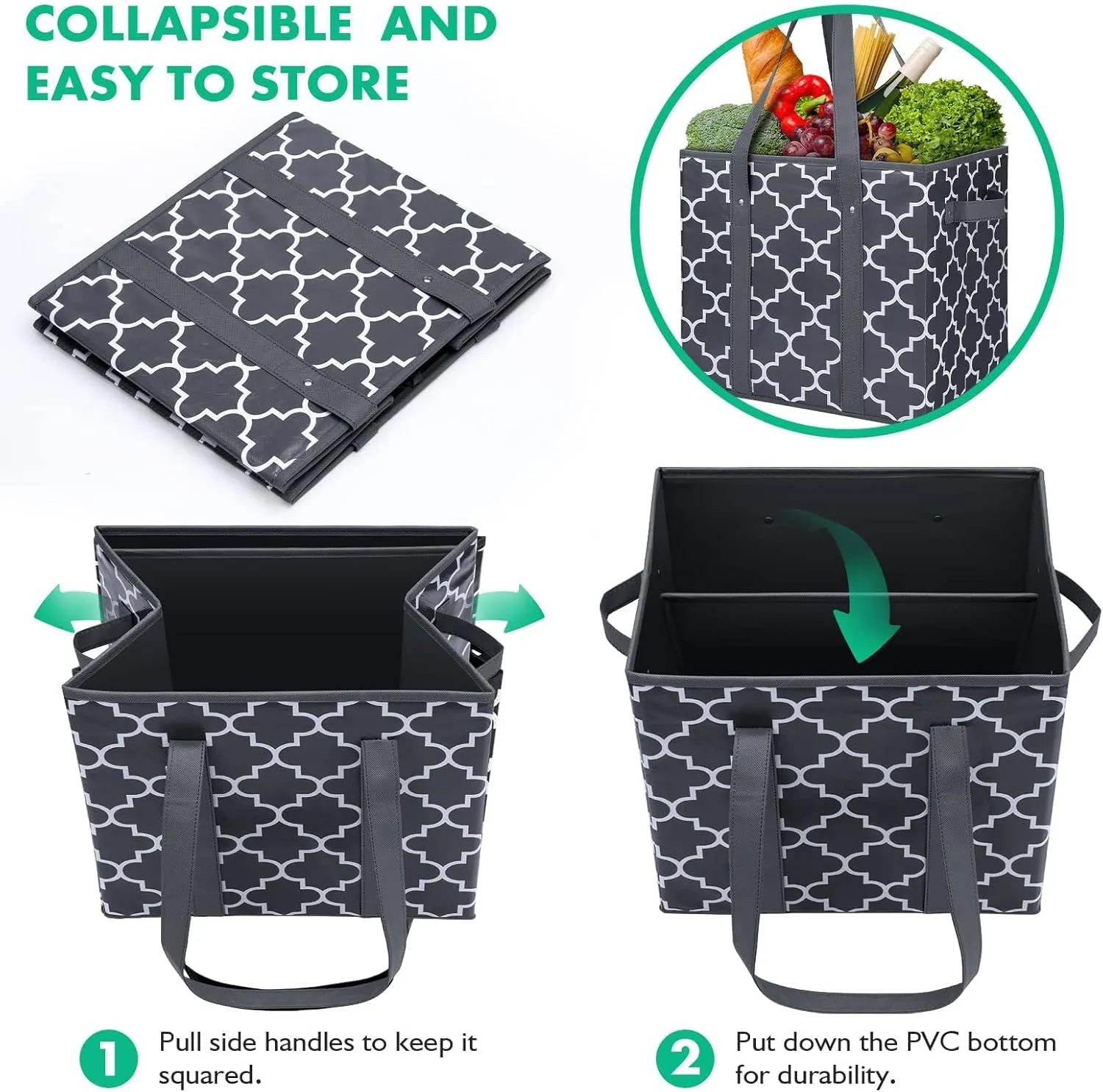 WISELIFE Reusable Grocery Bags 3-Pack Foldable Washable Large Storage Bins Basket Water Resistant Shopping Tote Bag Dark Grey