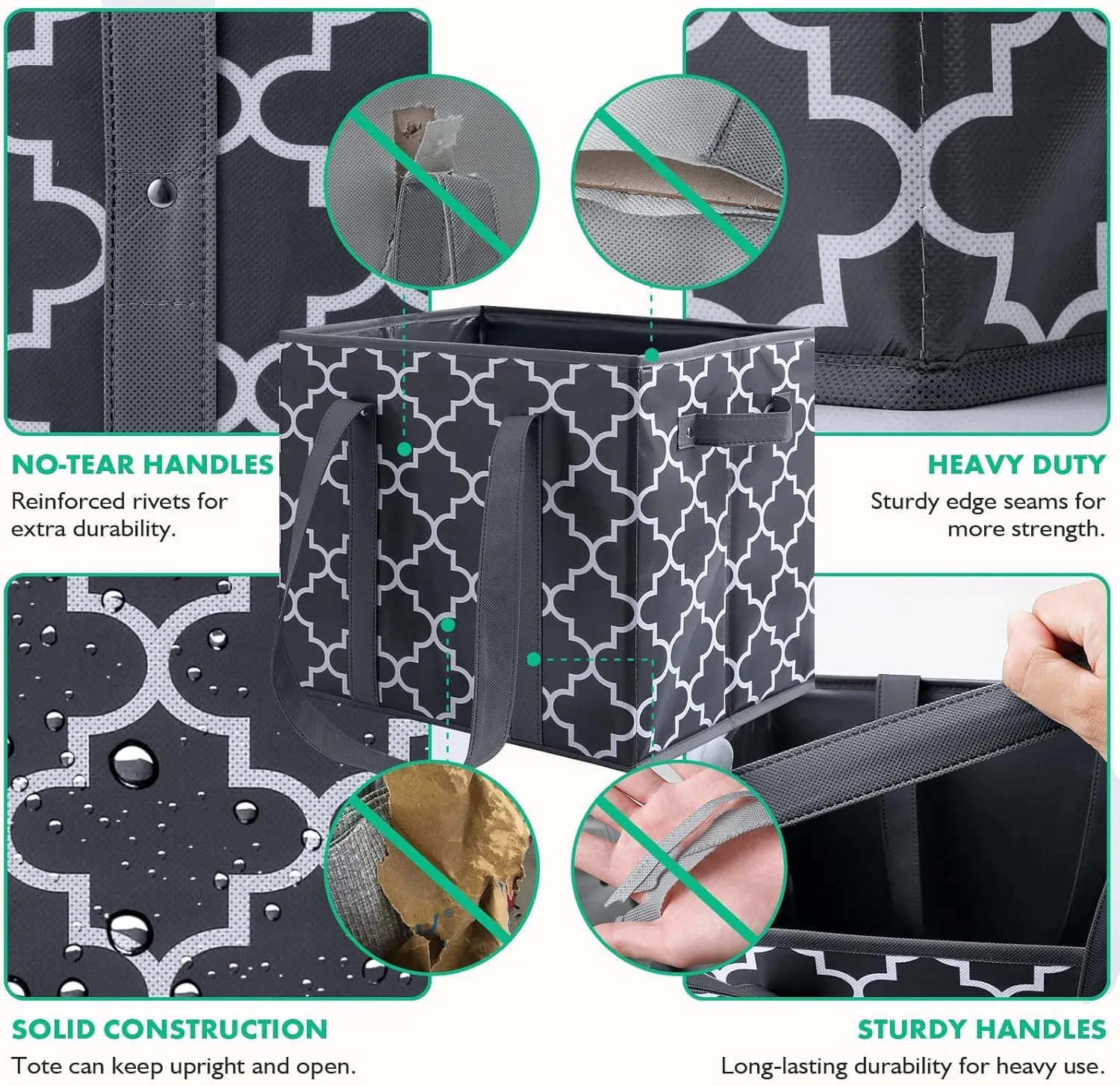 WISELIFE Reusable Grocery Bags 3-Pack Foldable Washable Large Storage Bins Basket Water Resistant Shopping Tote Bag Dark Grey