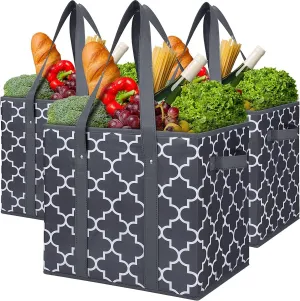 WISELIFE Reusable Grocery Bags 3-Pack Foldable Washable Large Storage Bins Basket Water Resistant Shopping Tote Bag Dark Grey