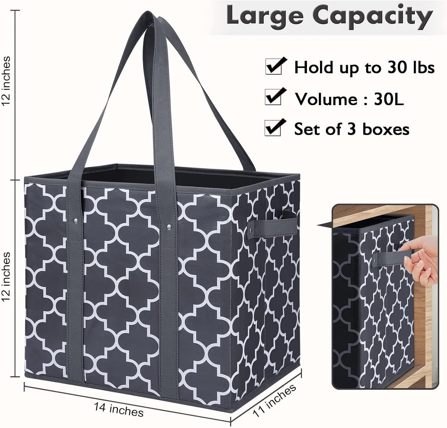 WISELIFE Reusable Grocery Bags 3-Pack Foldable Washable Large Storage Bins Basket Water Resistant Shopping Tote Bag Dark Grey