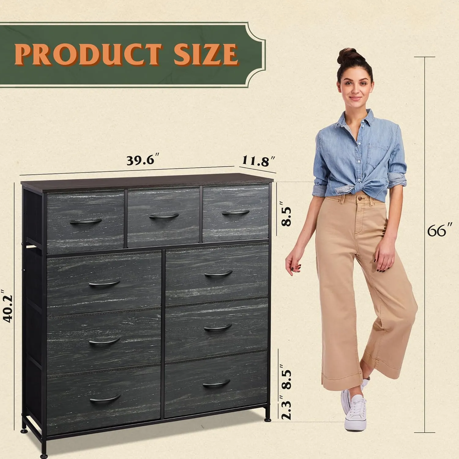 WLIVE 9-Drawer Dresser, Fabric Storage Tower for Bedroom, Entryway, Closet, Tall Chest Organizer Unit with Fabric Bins, Steel Frame, Wood Top, Easy Pull Handle, Charcoal Black Wood Grain Print