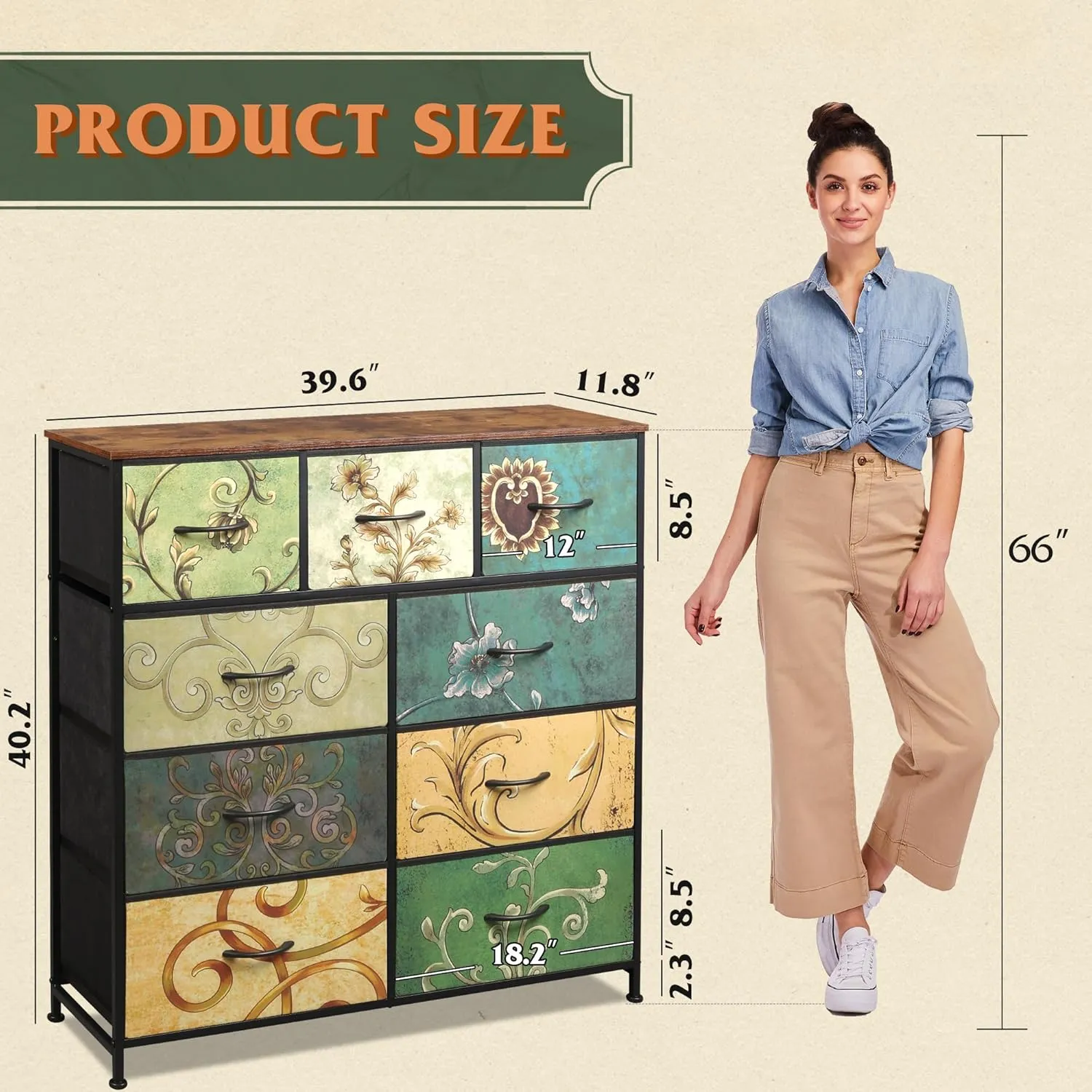 WLIVE 9-Drawer Dresser, Fabric Storage Tower for Bedroom, Hallway, Entryway, Closet, Tall Chest Organizer Unit with Fabric Bins, Steel Frame, Wood Top, Easy Pull Handle, Floral Painted