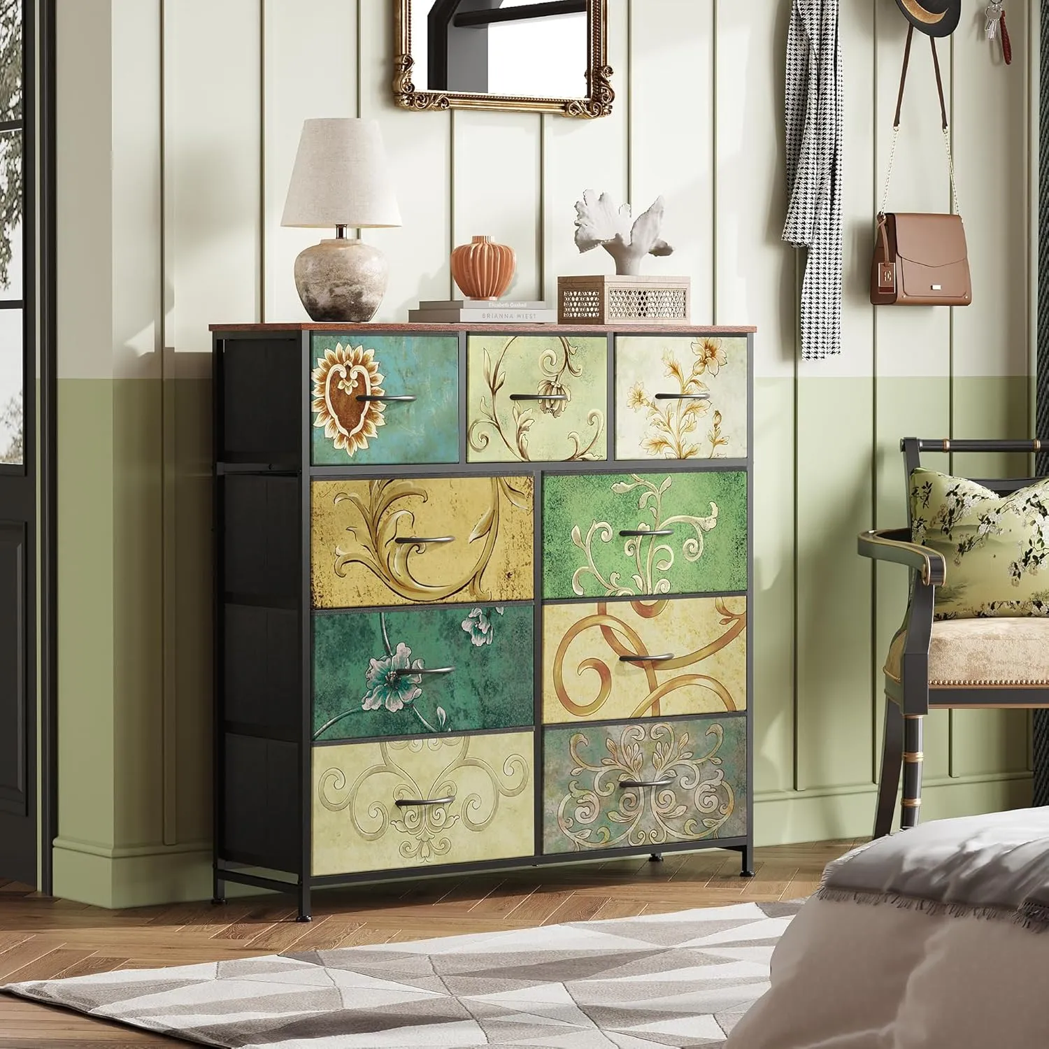 WLIVE 9-Drawer Dresser, Fabric Storage Tower for Bedroom, Hallway, Entryway, Closet, Tall Chest Organizer Unit with Fabric Bins, Steel Frame, Wood Top, Easy Pull Handle, Floral Painted