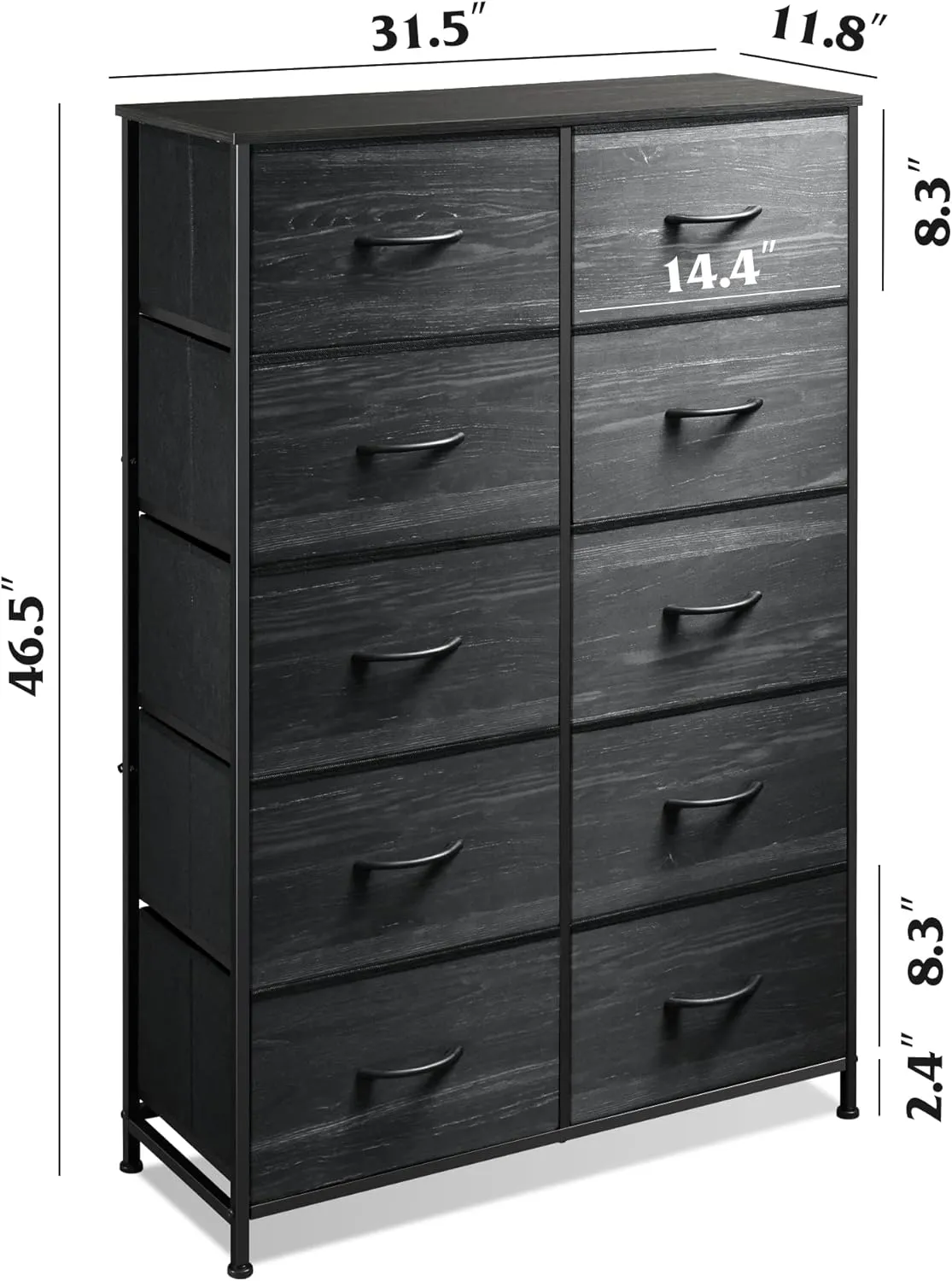 WLIVE Black Tall Dresser for Bedroom with 10 Drawers, Chest of Drawers, Dressers Bedroom Furniture, Storage Organizer Unit with Fabric Bins for Closet, Hallway, Living Room